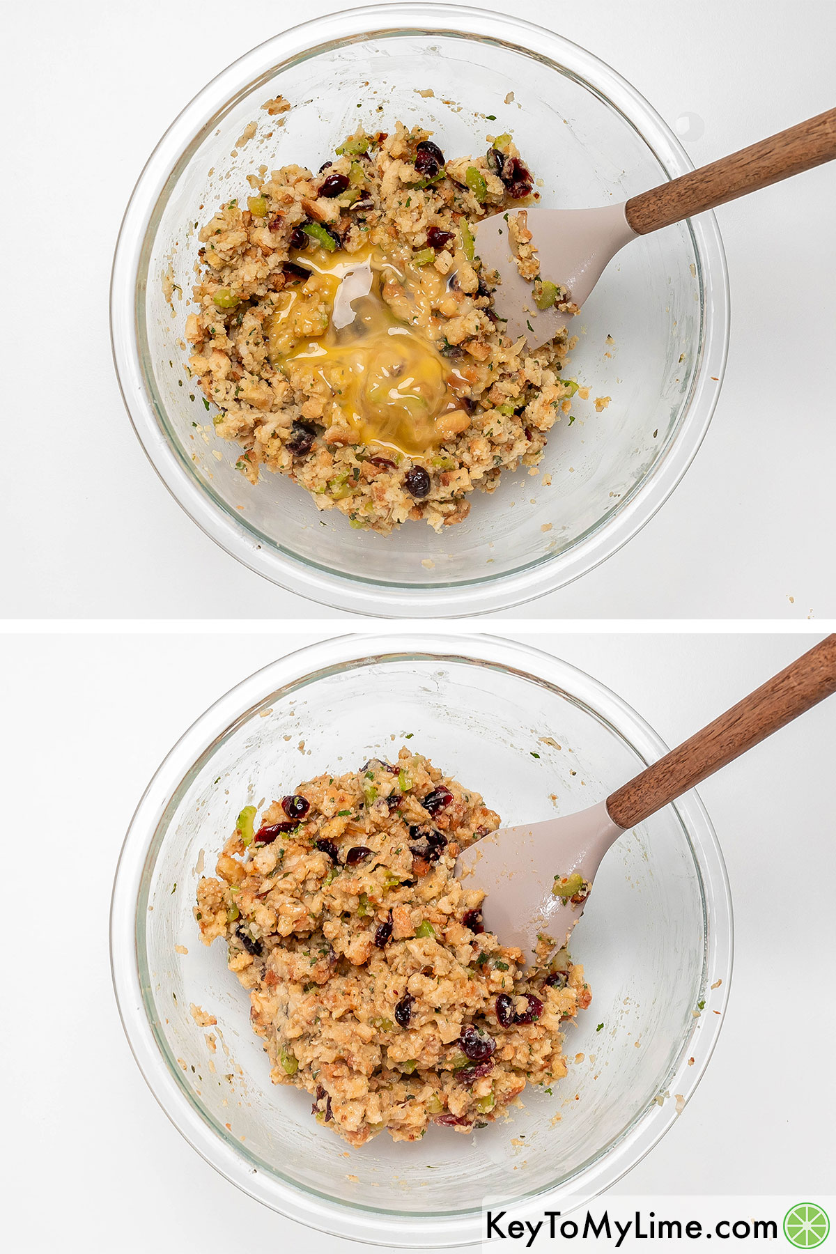 Adding a beaten egg to the stuffing mixture, and then mixing again.