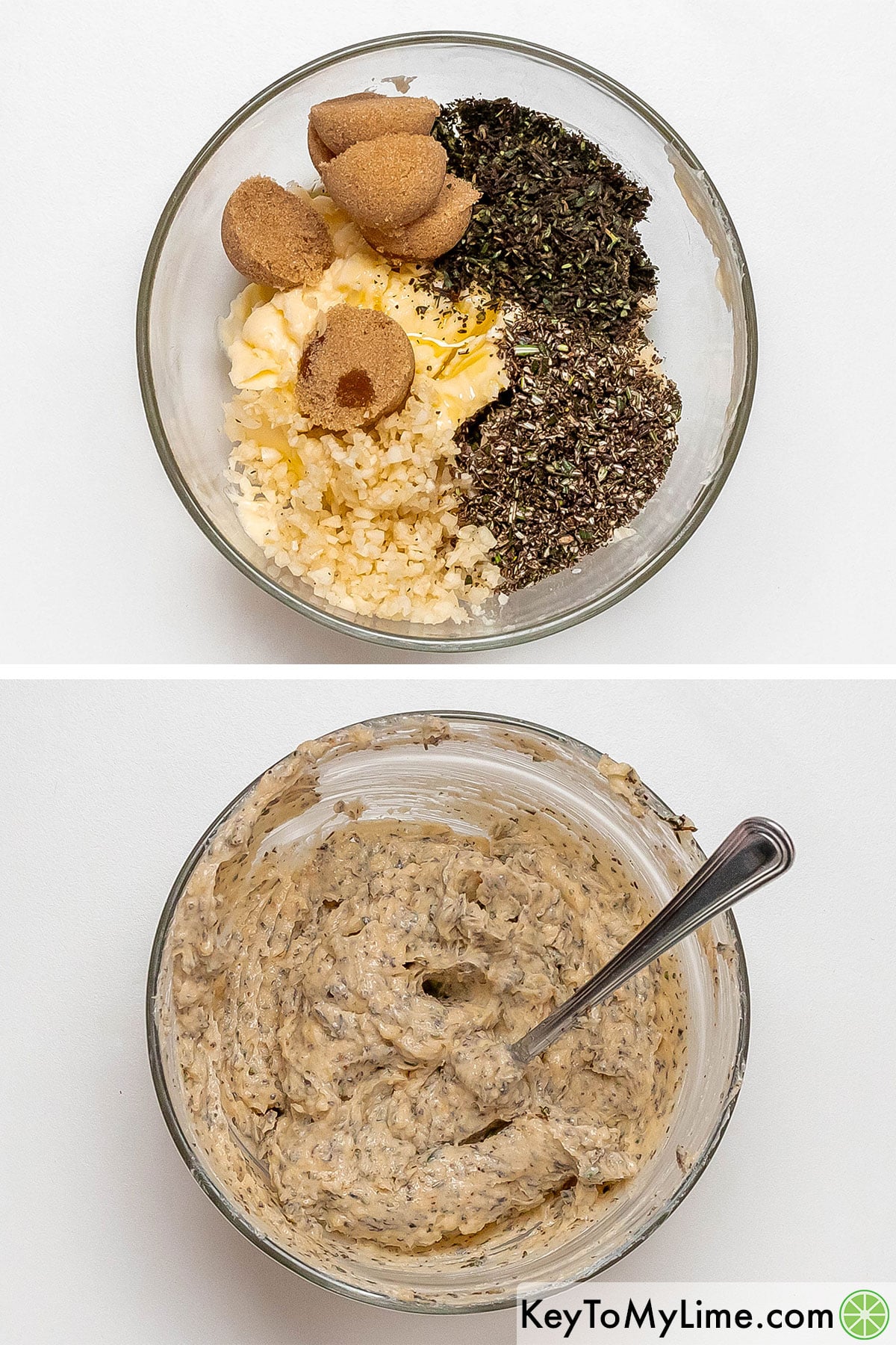 Adding butter, fresh herbs, olive oil, and brown sugar in a mixing bowl, and then mixing.