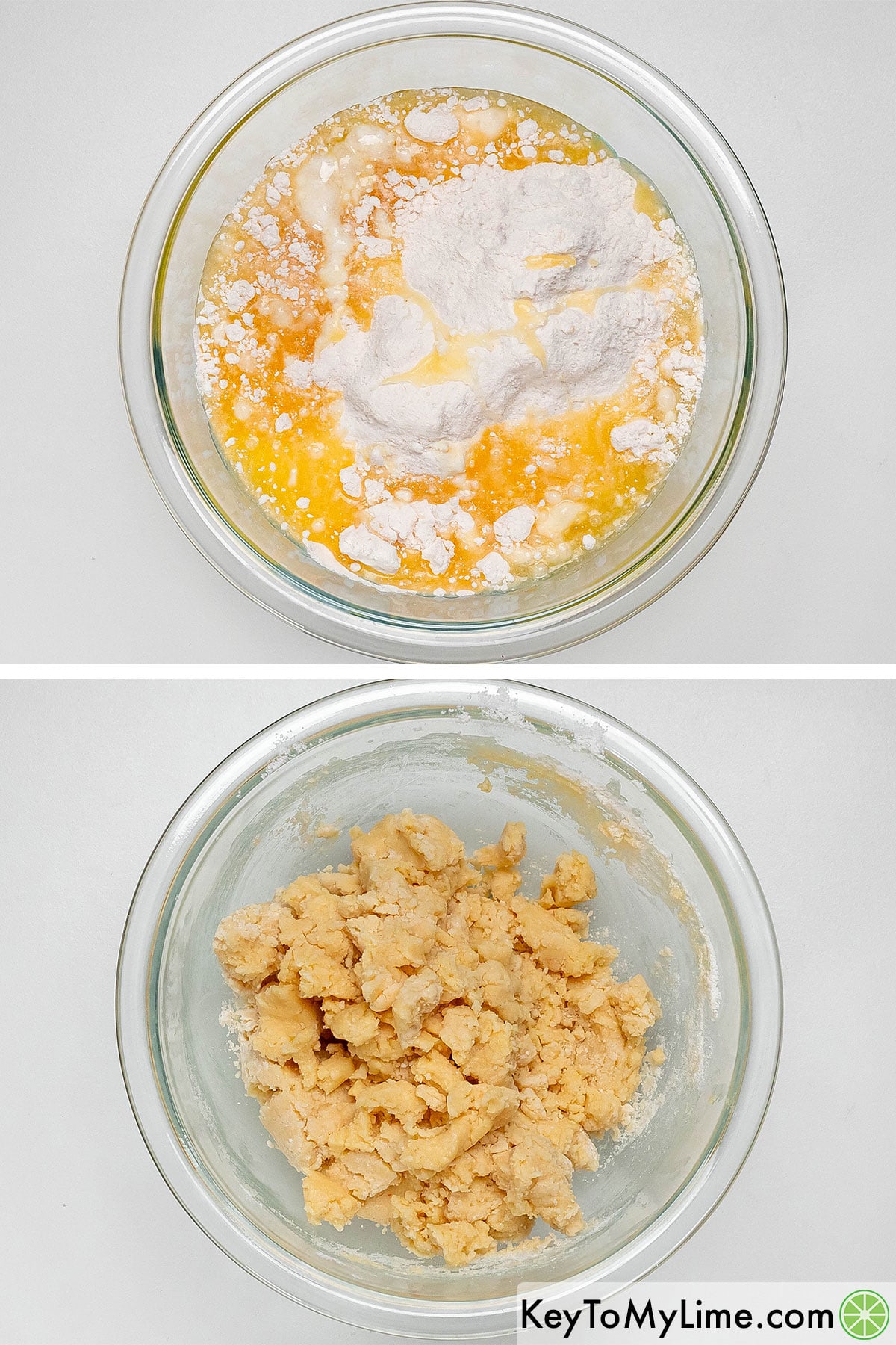 Adding cake mix and butter to a mixing bowl, and then mixing until the dough is formed.