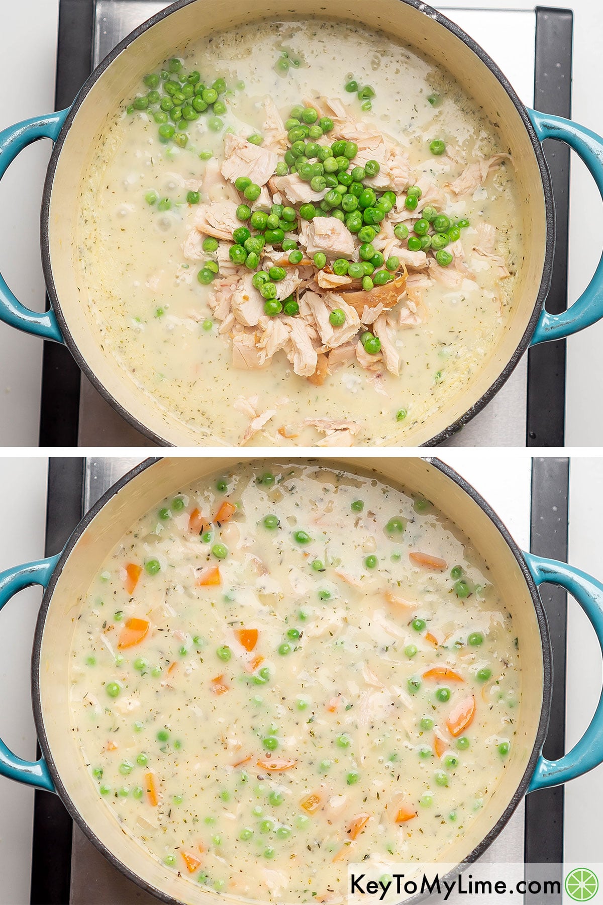 Adding chicken and peas, and then mixing and cooking until warmed up.
