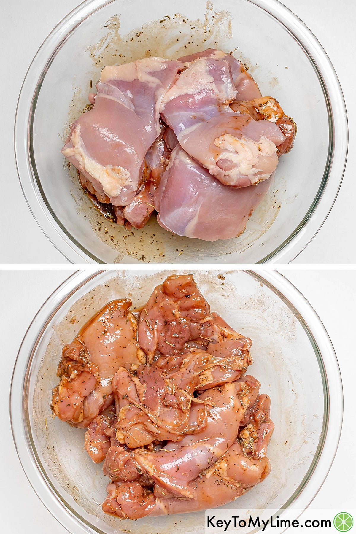 Adding the chicken thighs to the sauce, and then tossing until fully coated.