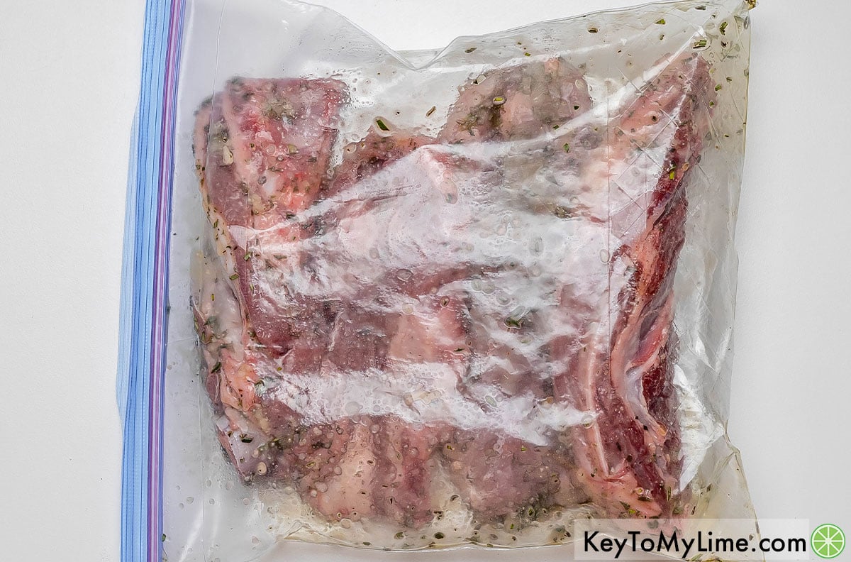 Adding the lamb chops to the Ziplock with the marinade, and then once fully coated resting in fridge overnight.