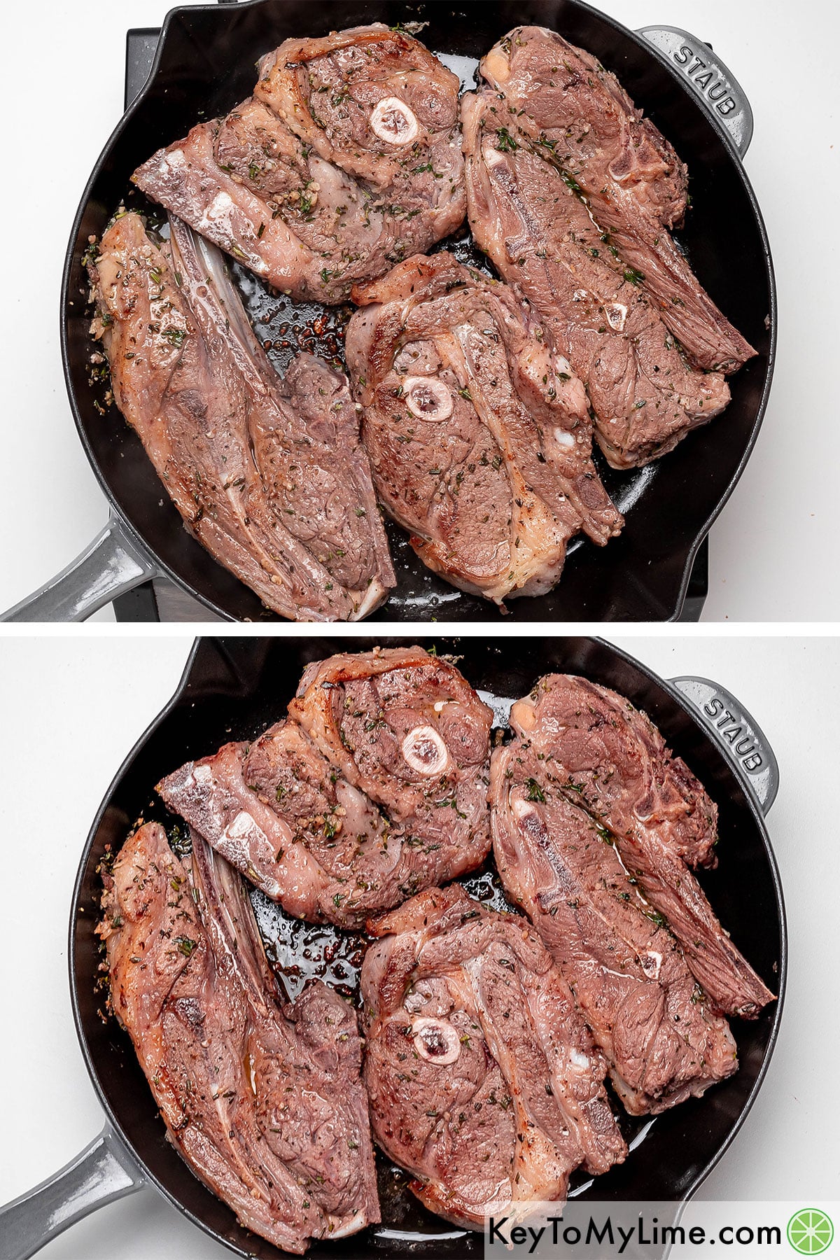 Adding the chops to the cast iron skillet, and then baking for 10 minutes.