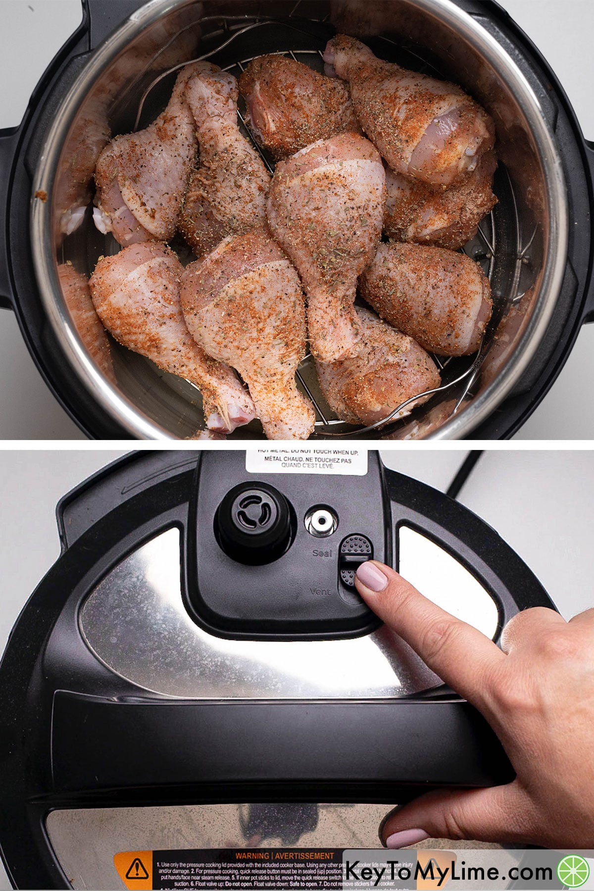 Adding drumsticks to an Instant pot, and then securing the lid.