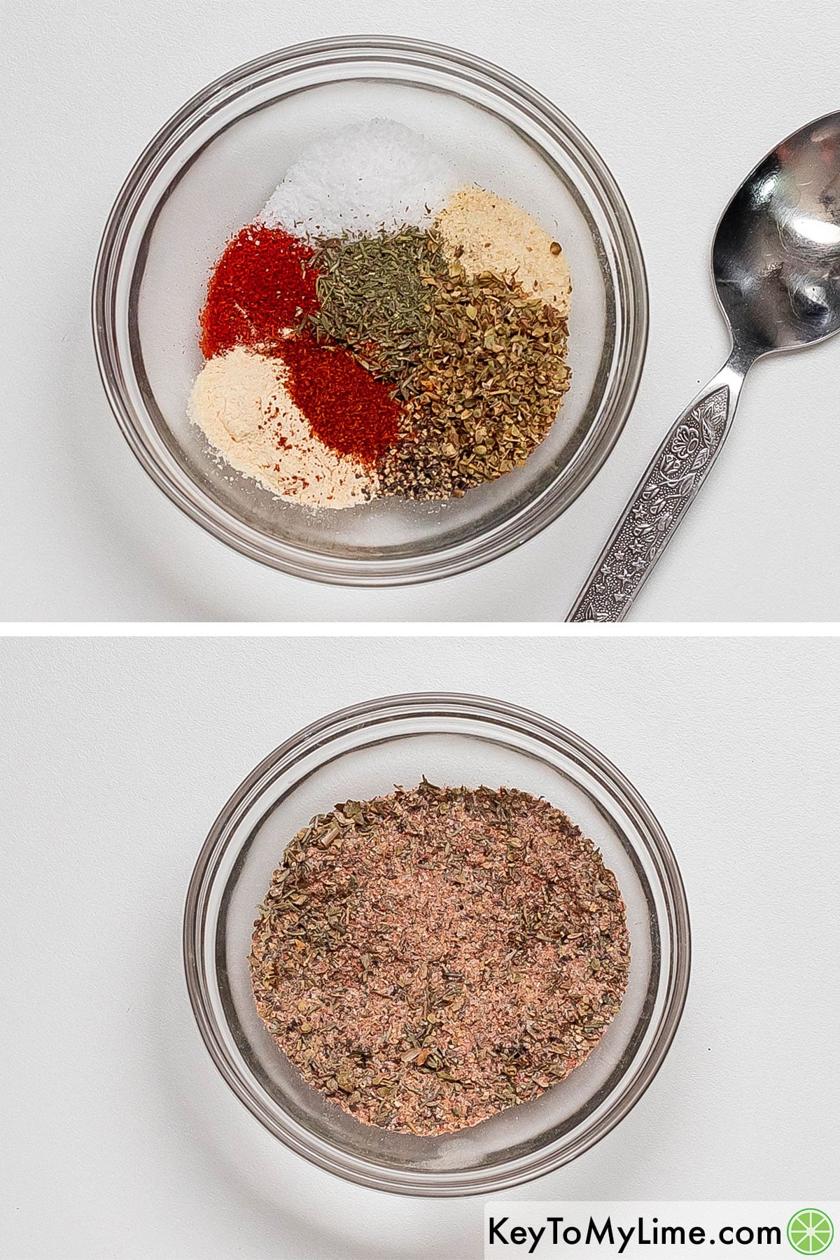 Adding dry seasonings in a bowl and mixing together to form the rub.