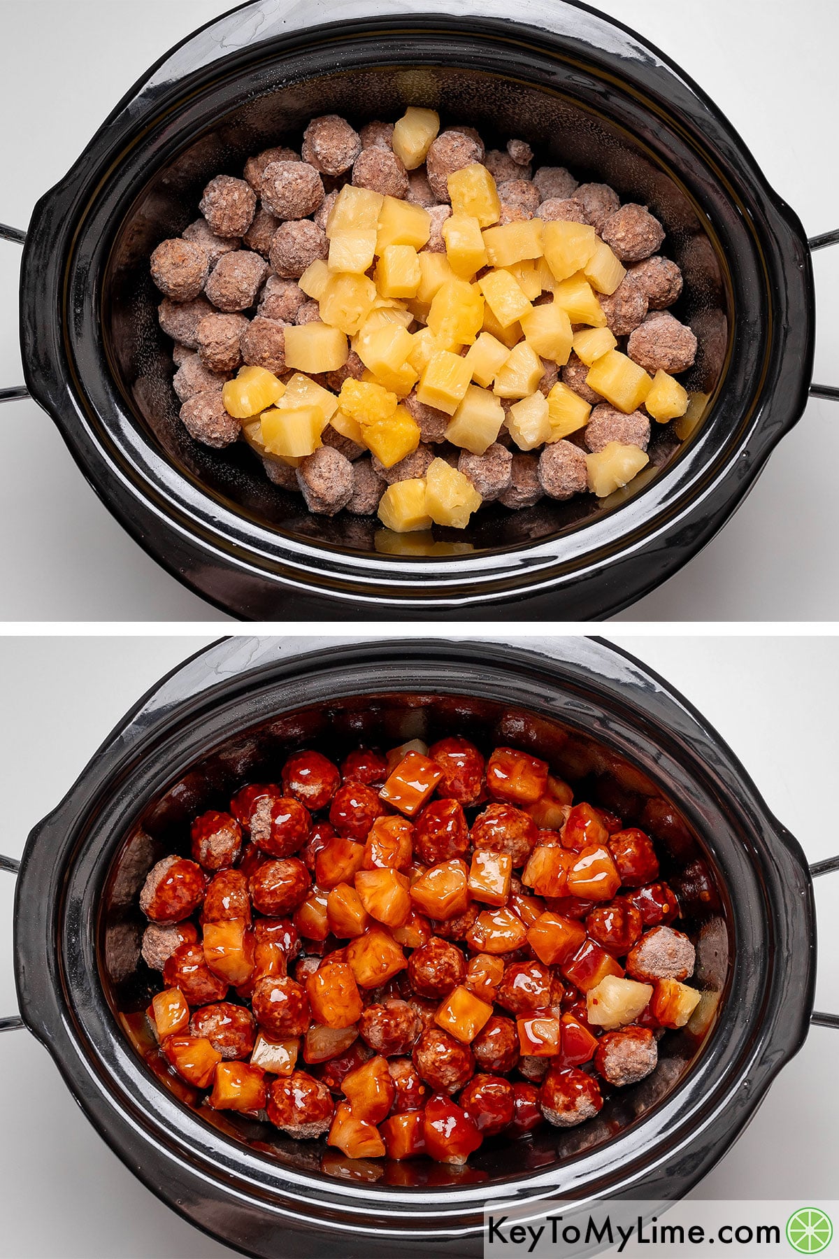 Adding frozen meatballs and pineapple chunks to a crockpot, and then pouring and mixing the sauce.