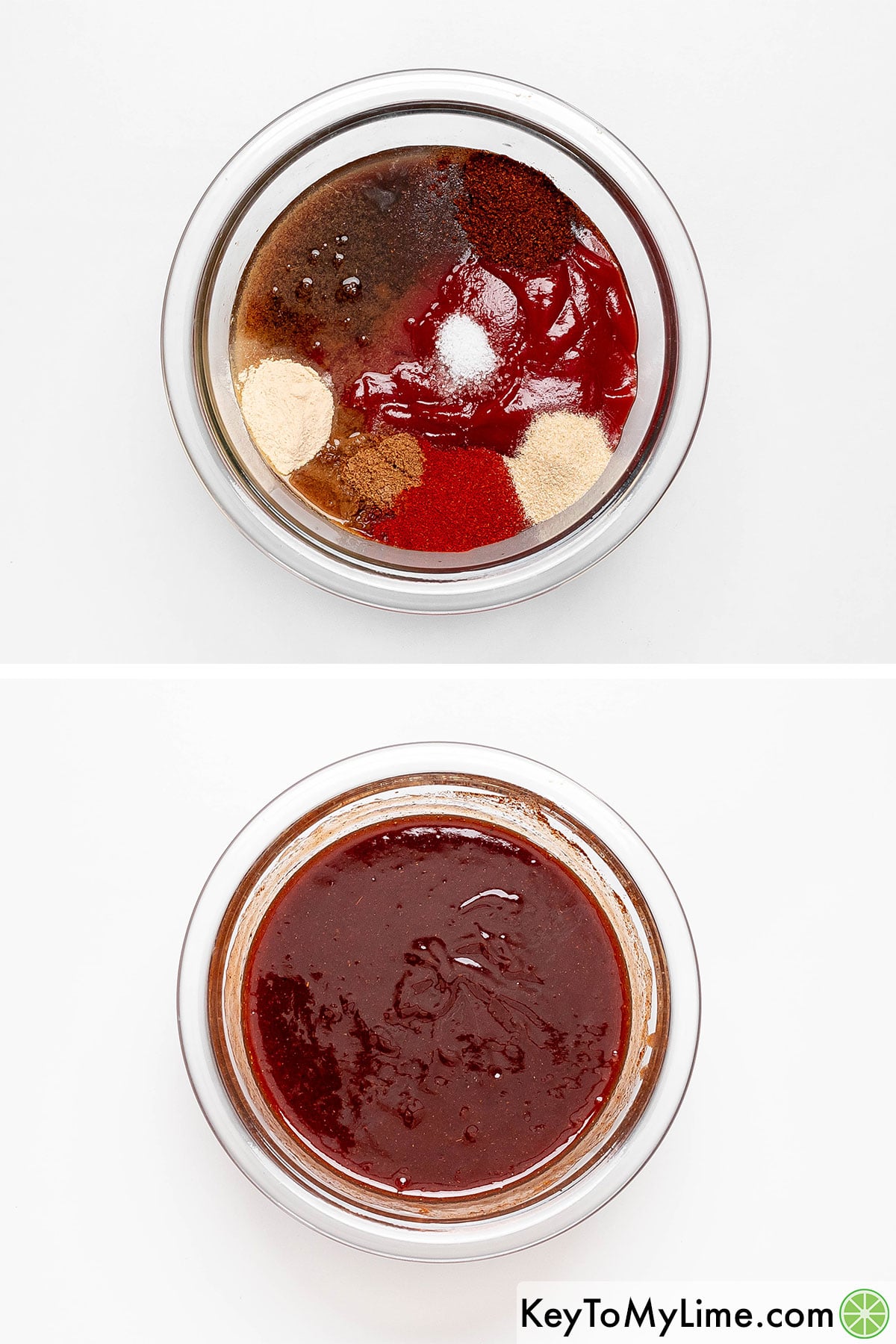 Adding ketchup, brown sugar, water, apple cider vinegar, Worcestershire sauce, and spices to a medium mixing bowl and then whisking.
