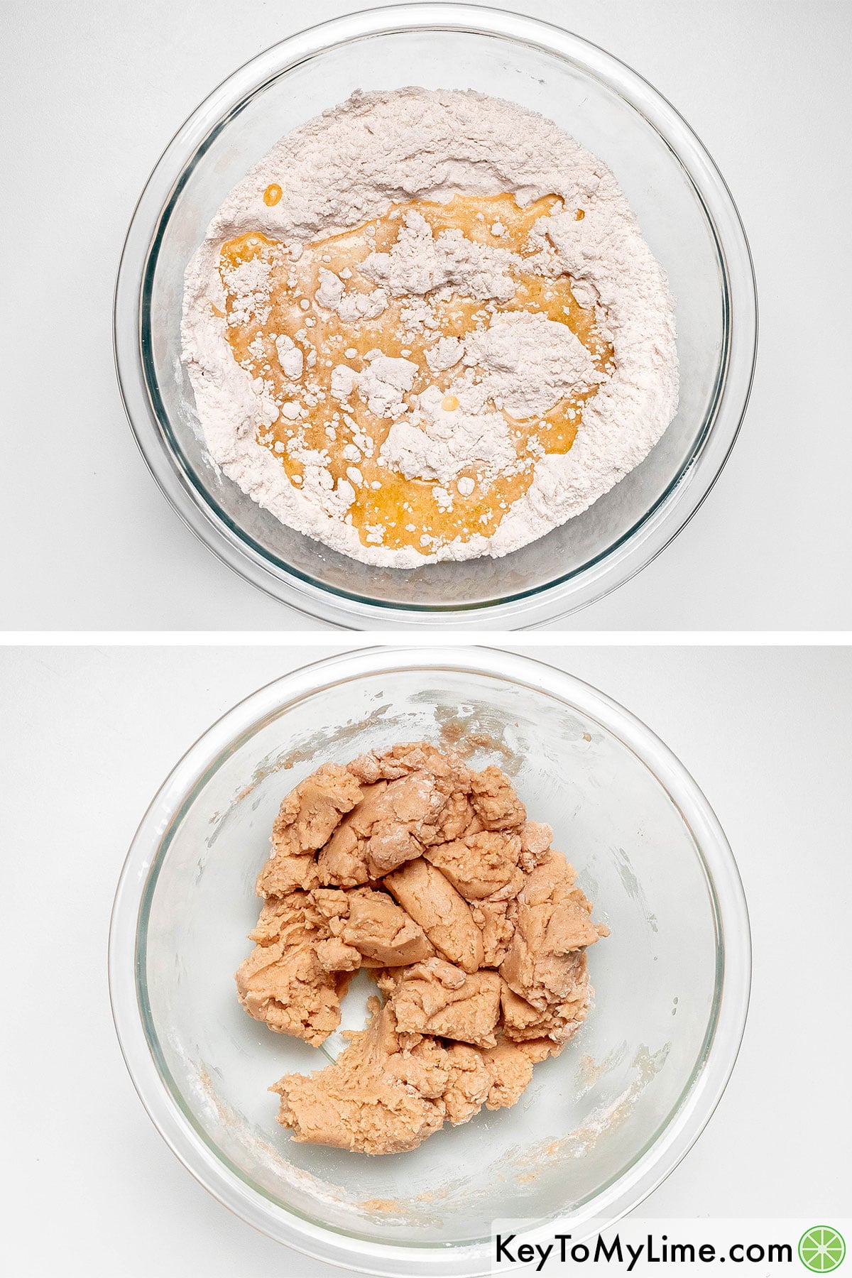 Adding melted butter to the cake mix mixture, and then mixing together to form the dough.