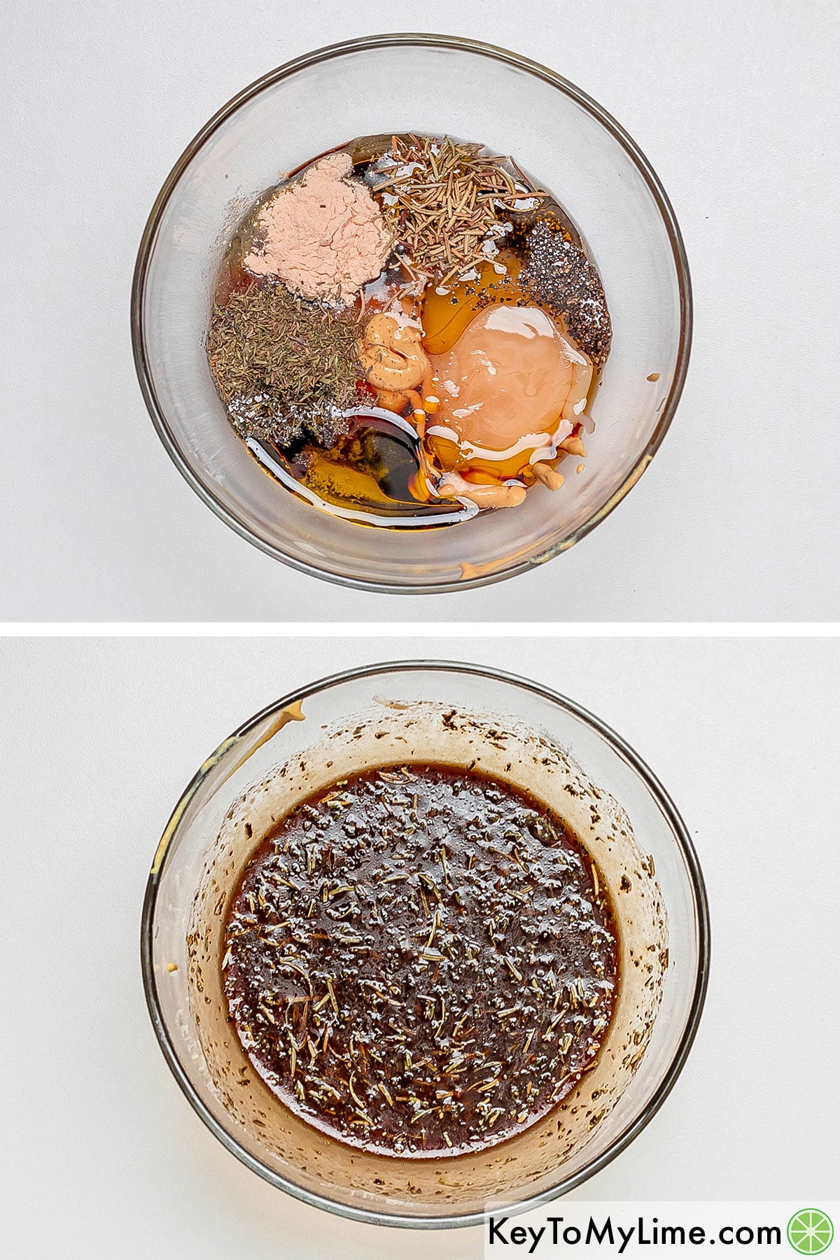 Adding olive oil, soy sauce, apple cider vinegar, and seasonings to a mixing bowl, and then whisking.