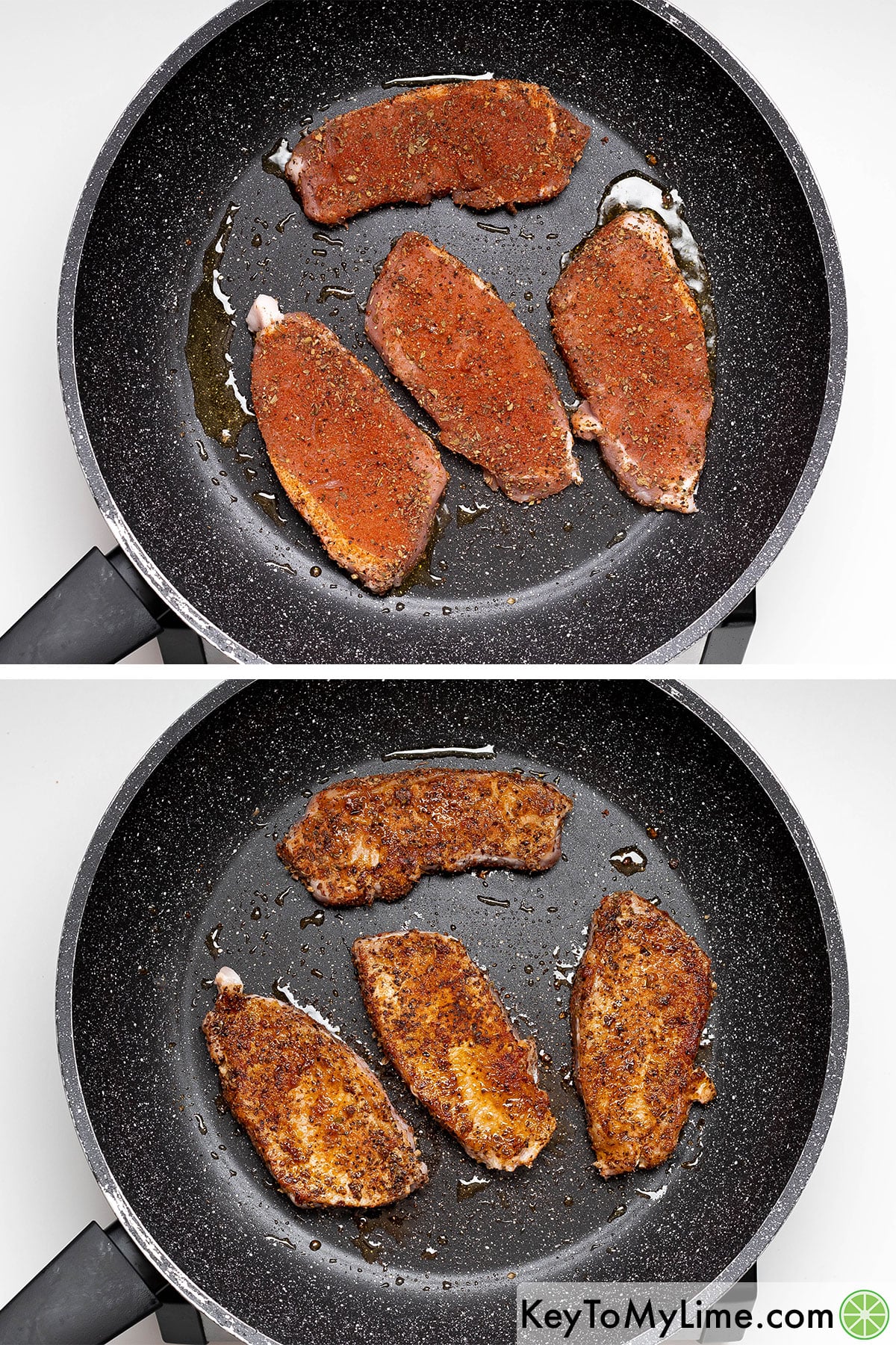 Adding pork chops to a heated skillet with oil, and then cooking for two minutes per side.