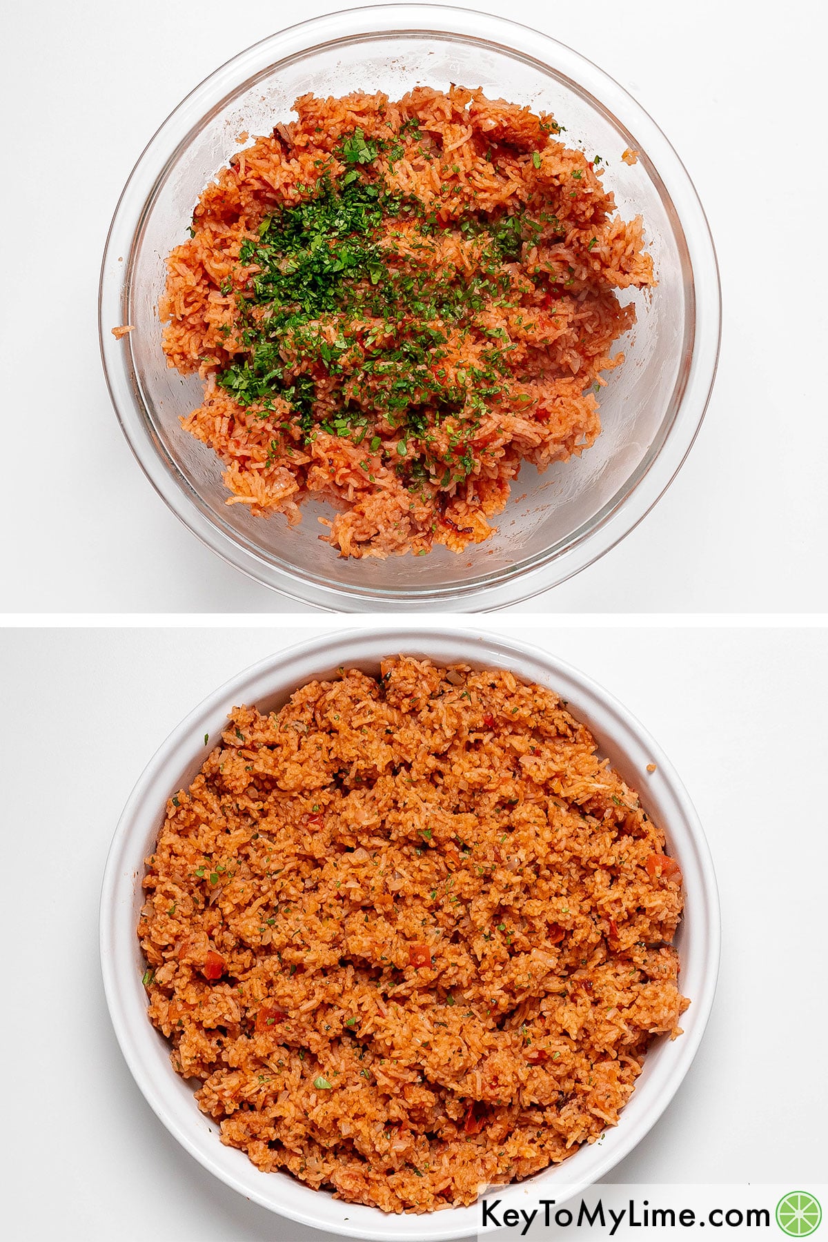 Adding rice to a large mixing bowl, and then once stirred moving to a serving dish.
