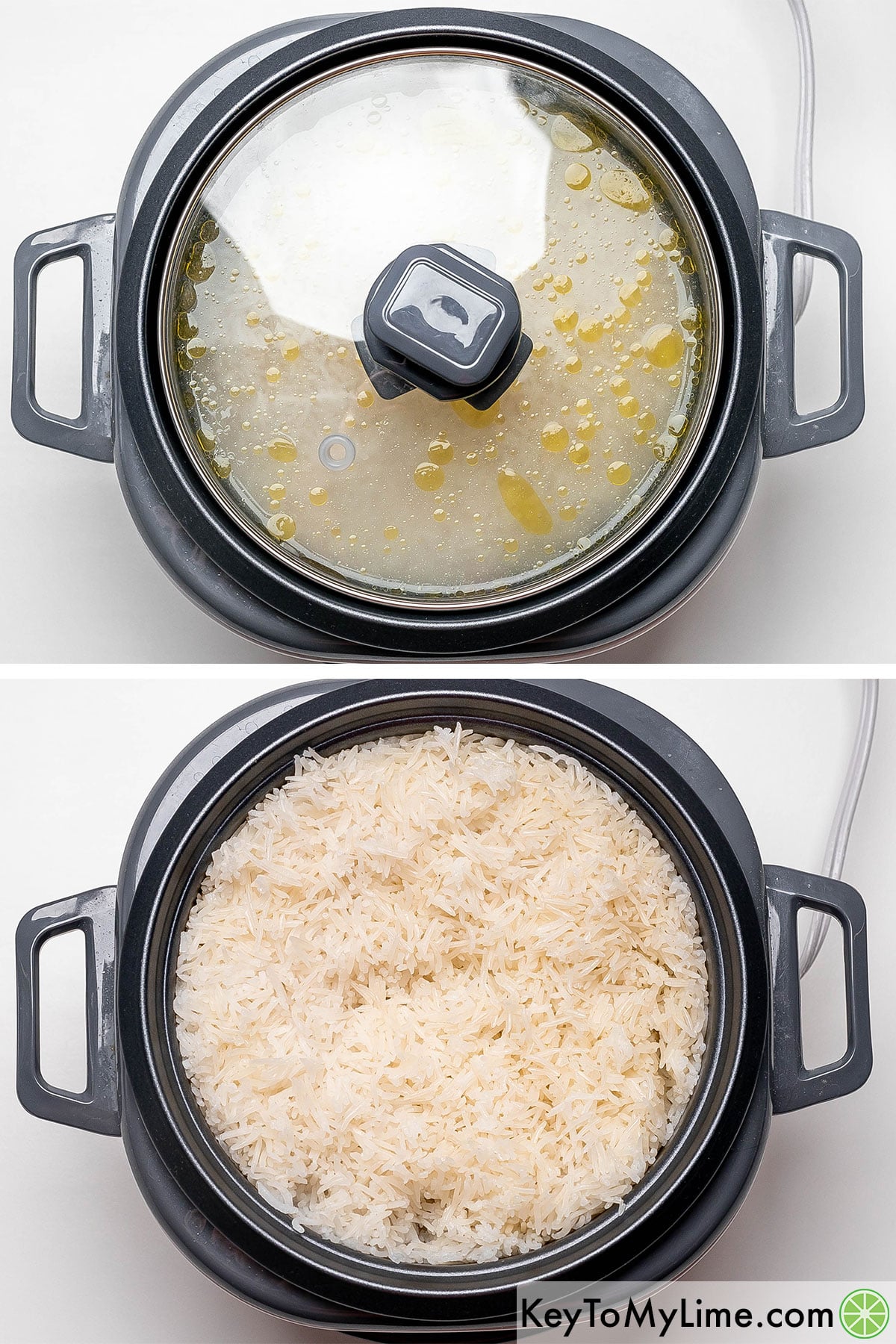 Adding rice, water, oil, and salt to a rice cooker, and then covering and cooking until tender.