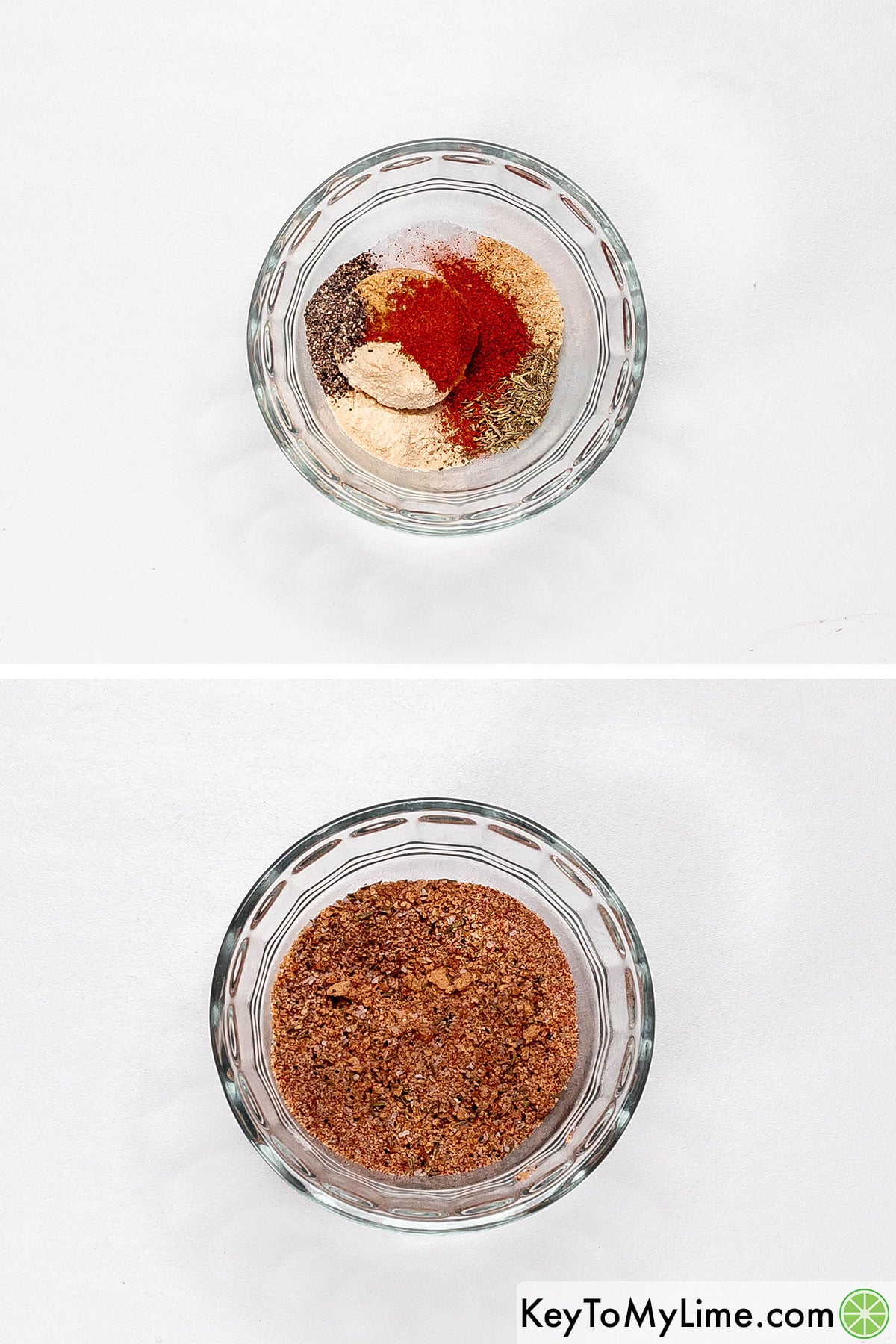 Adding seasonings to a small mixing bowl, and then mixing to create the rub.