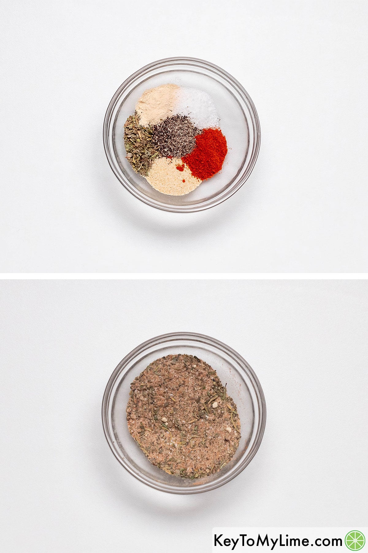Adding spices to a small mixing bowl and mixing.
