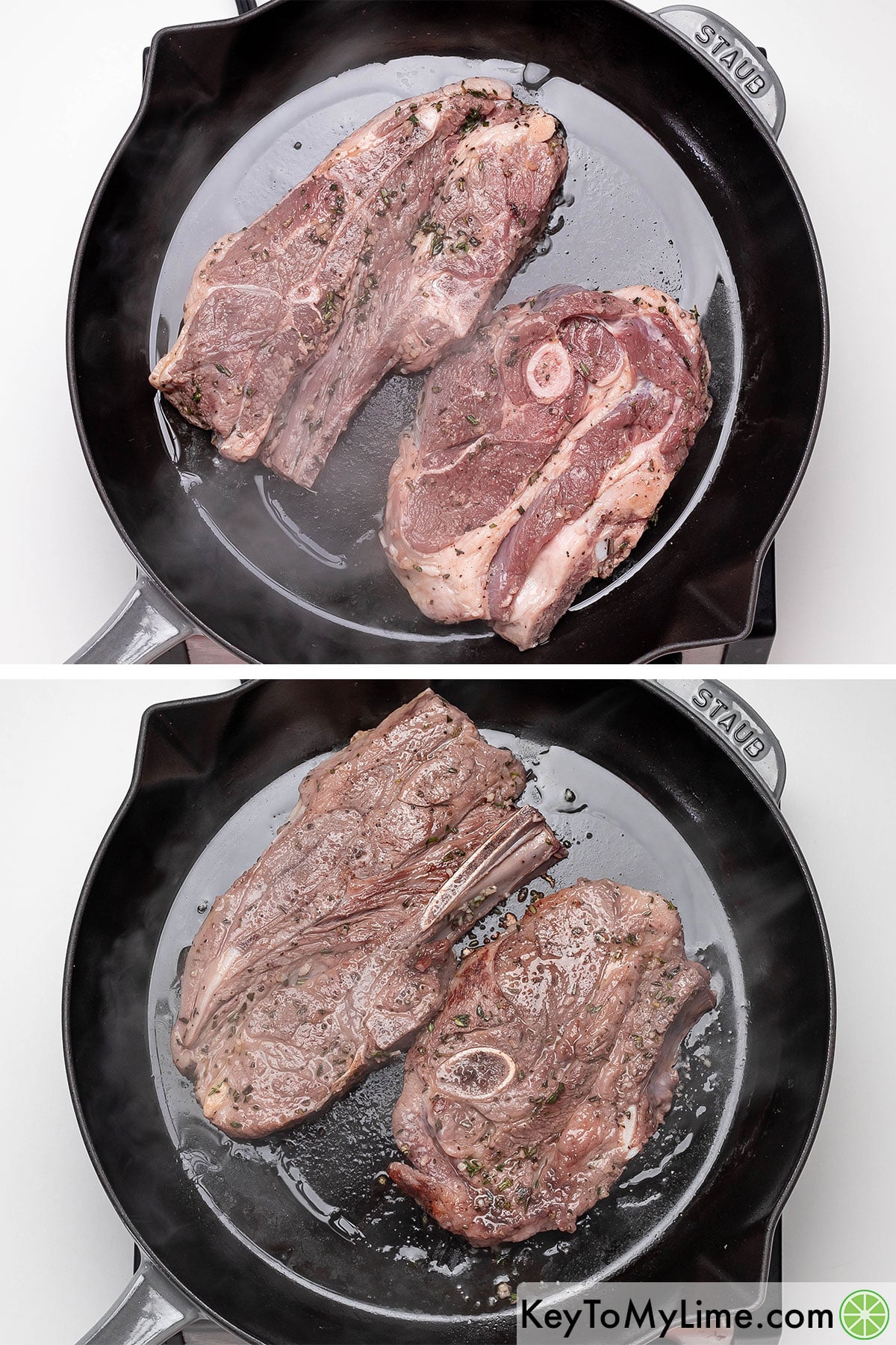 Adding the marinated chops to a hot skillet, and then searing and flipping after 3 minutes.