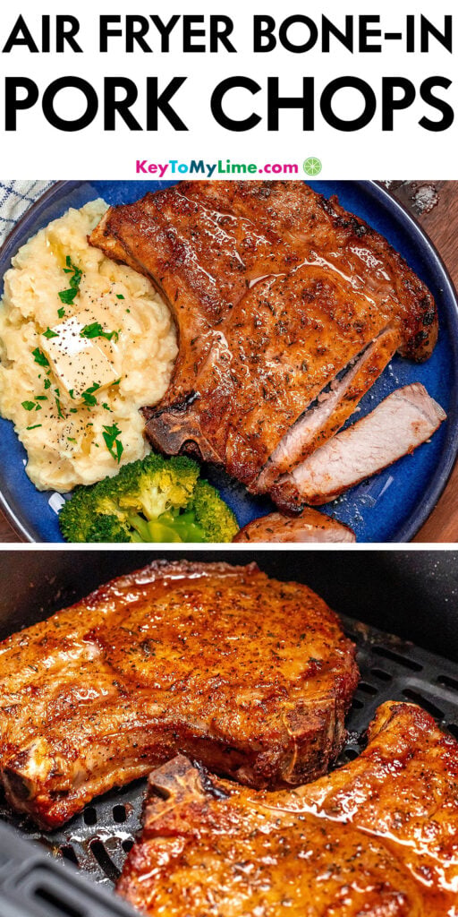 A Pinterest pin image with a picture of air fryer bone in pork chops with title text at the top.