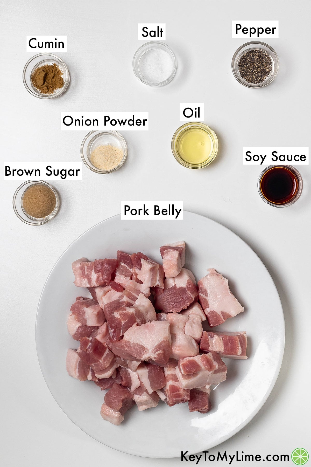 The labeled ingredients for air fryer pork belly.