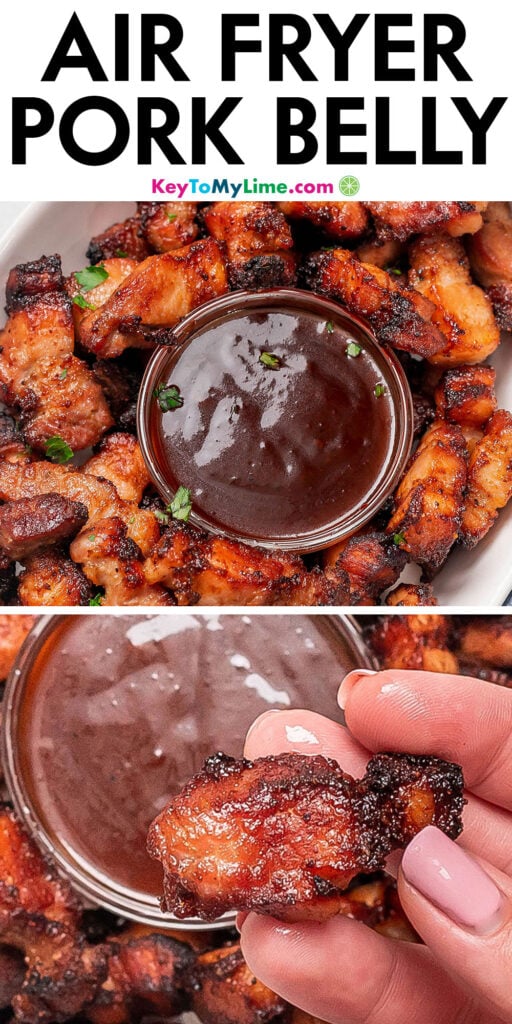 A Pinterest pin image with a picture of air fryer pork belly with title text at the top.