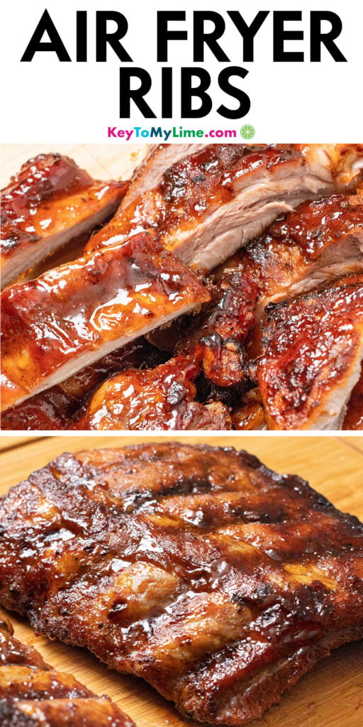 A Pinterest pin image with a picture of air fryer ribs with title text at the top.