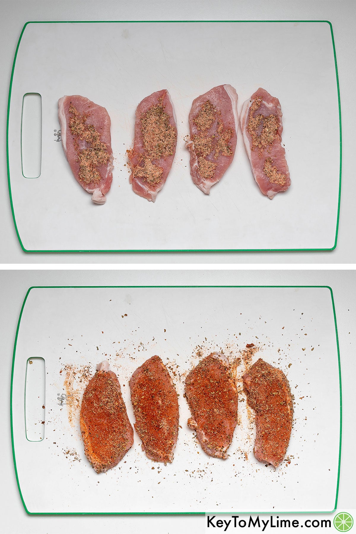 Applying rub to both sides of the pork chops.