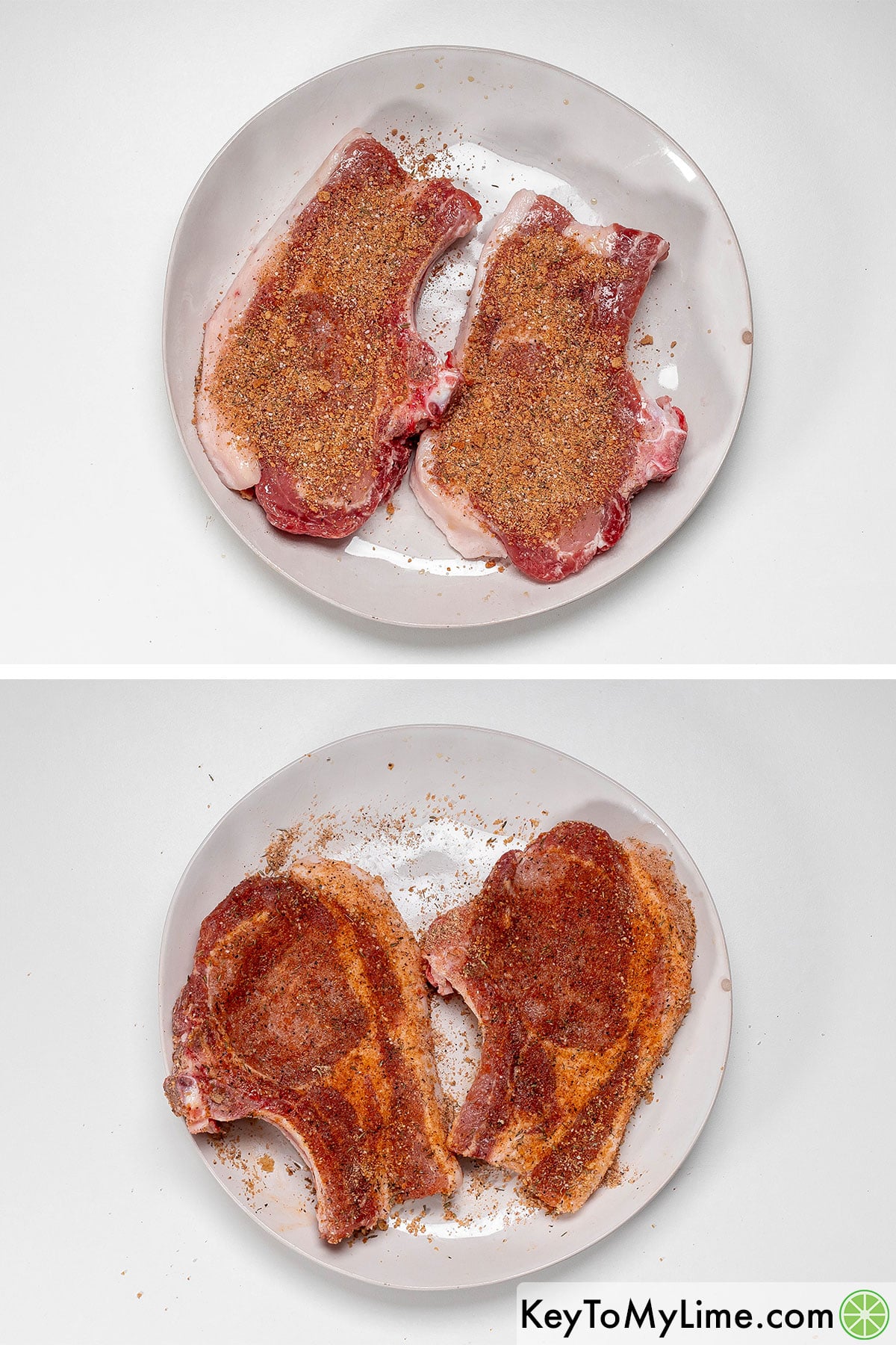Applying rub to both sides of the pork chops, and then massaging in.