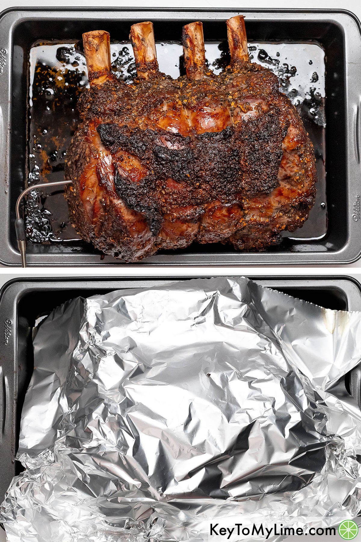 Baking the roast in an oven, and then tenting and resting.