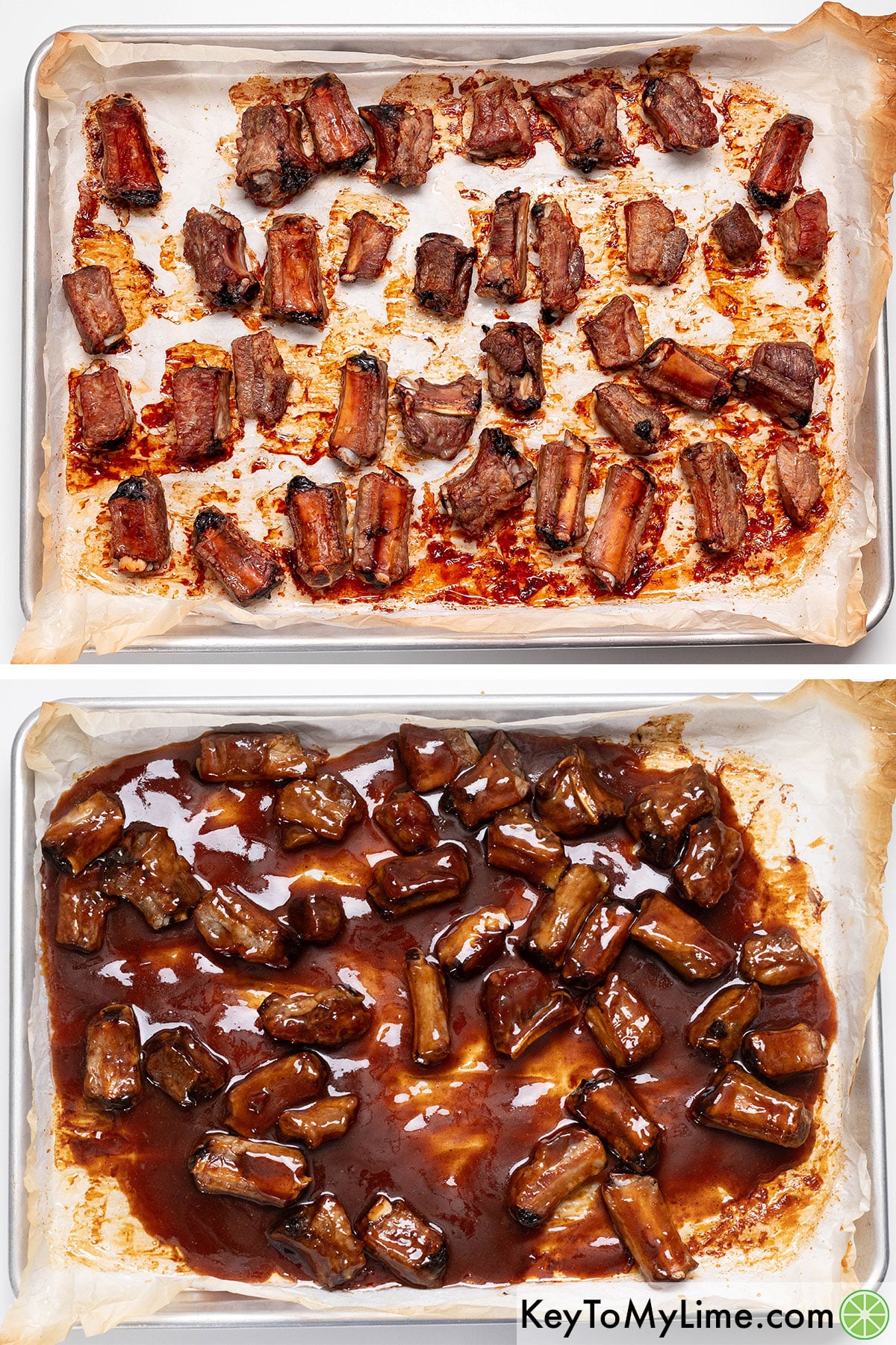 Pouring sauce on the riblets after baking for another 15 minutes, and then baking for another 30 minutes.