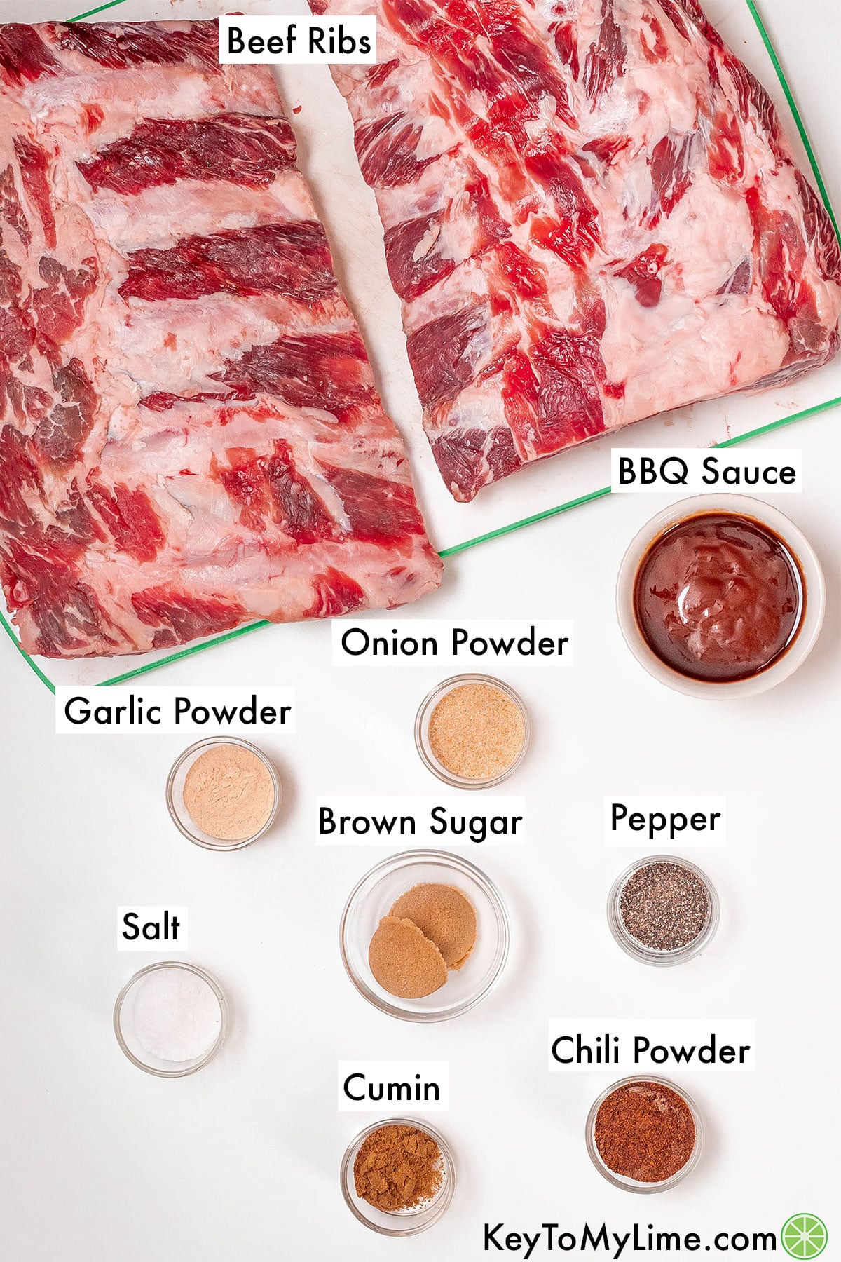 The labeled ingredients for beef ribs in oven.