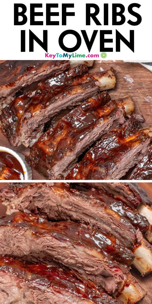 A Pinterest pin image with a picture of beef ribs in oven with title text at the top.