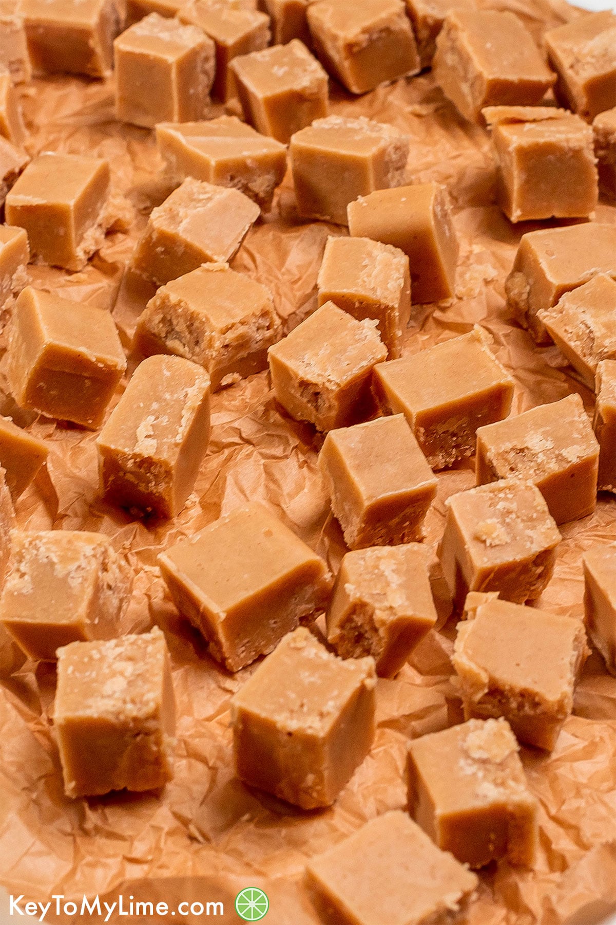 A close in image showing the final texture of the peanut butter fudge.