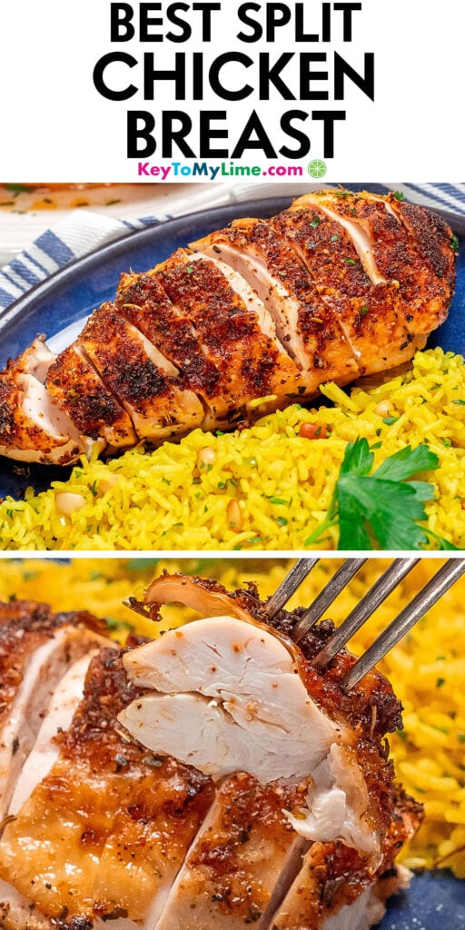 A Pinterest pin image with a picture of split chicken breast with title text at the top.