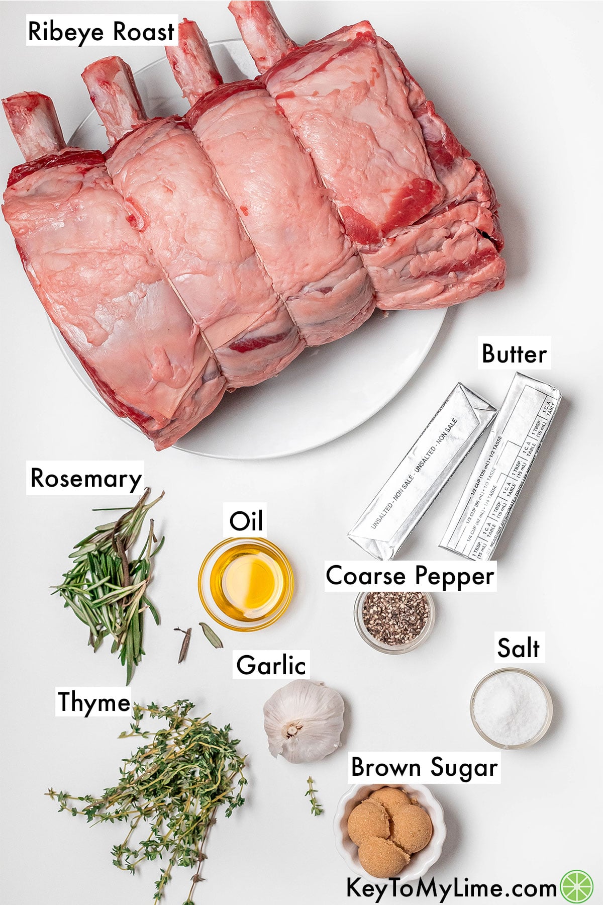 The labeled ingredients for bone-in ribeye roast.