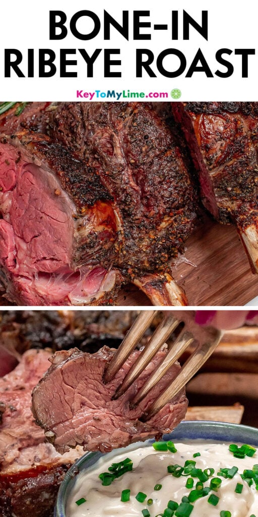 A Pinterest pin image with a picture of bone-in ribeye roast with title text at the top.