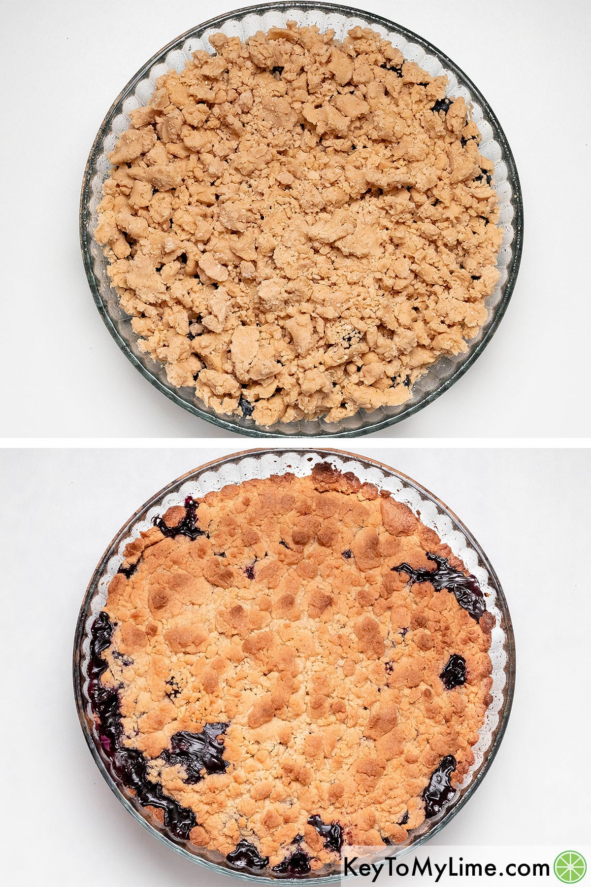 Covering the pie filling with broken up dough evenly, and then baking until golden brown.