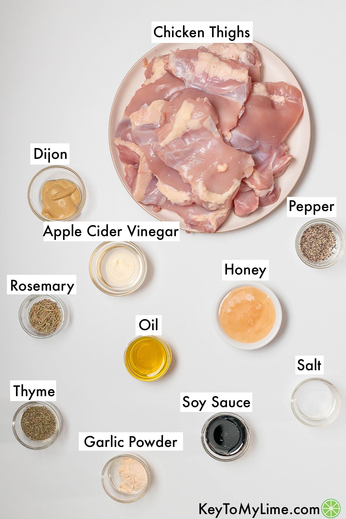 The labeled ingredients for broiled chicken thighs.