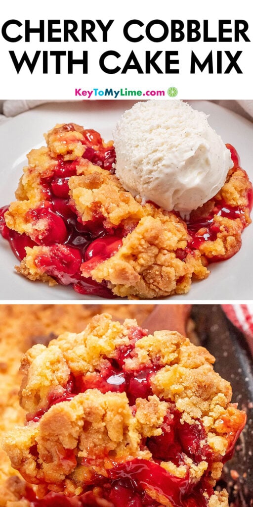 A Pinterest pin image with a picture of cherry cobbler with cake mix with title text at the top.