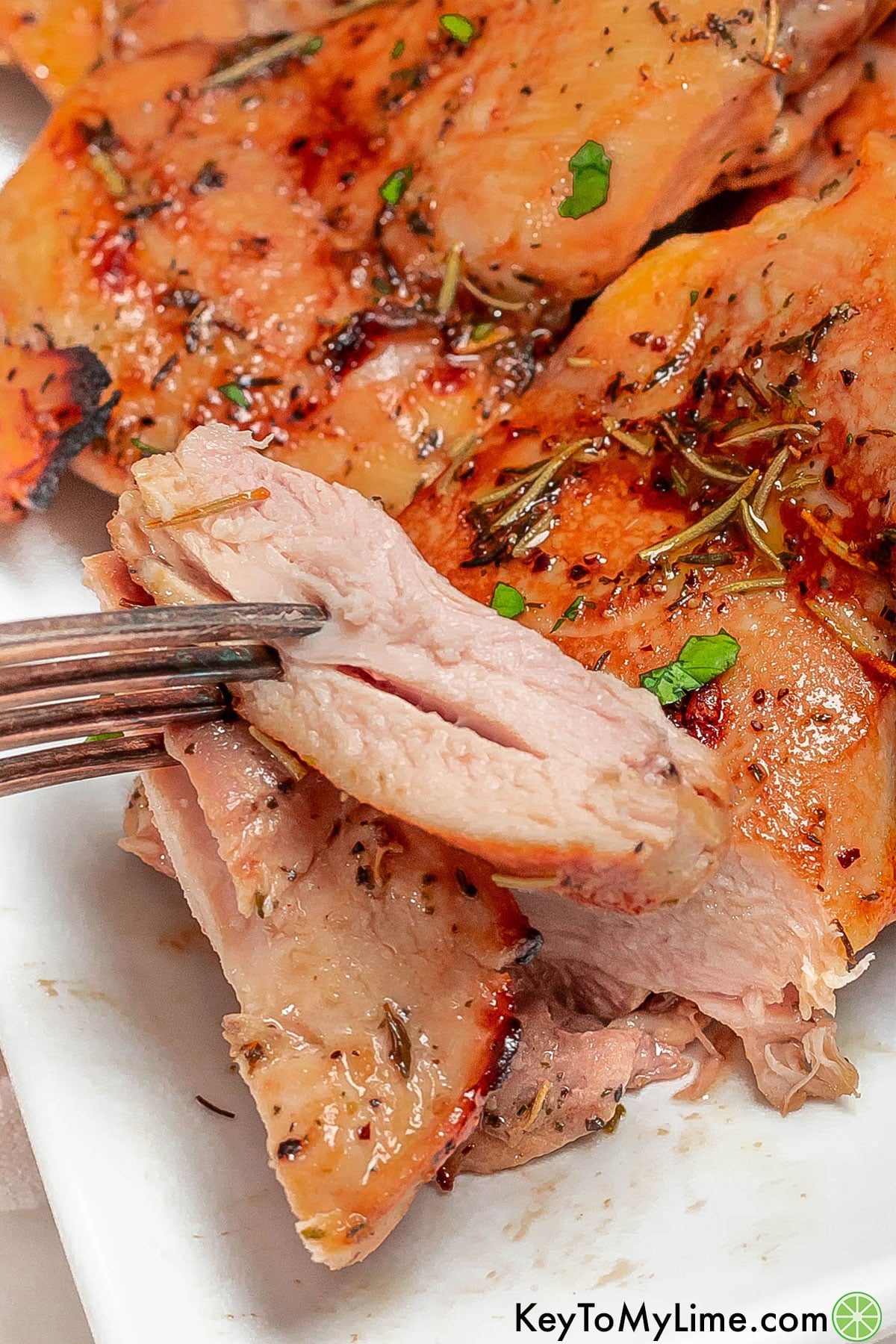 A close up showing the inside texture of the chicken thigh.