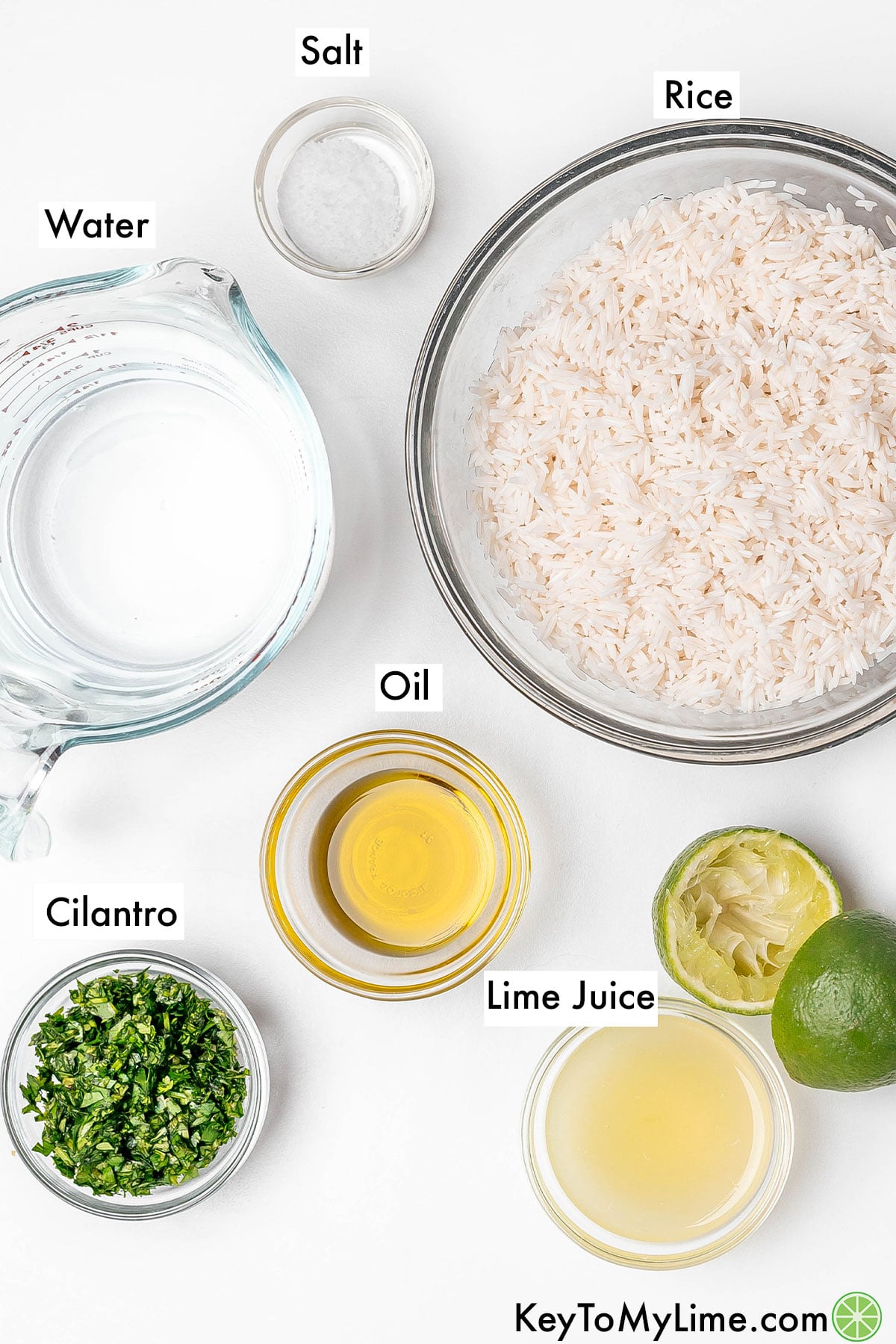 The labeled ingredients for cilantro lime rice in rice cooker.