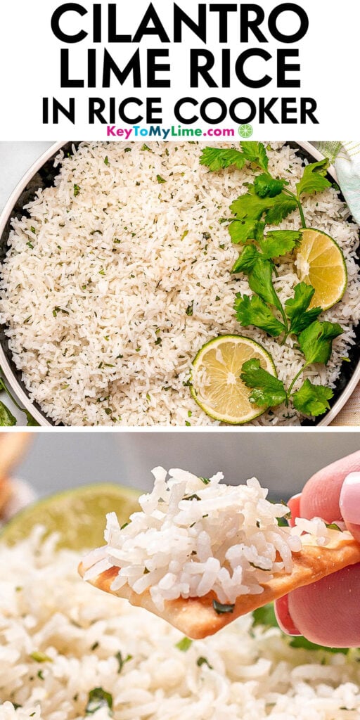 A Pinterest pin image with a picture of cilantro lime rice in rice cooker with title text at the top.