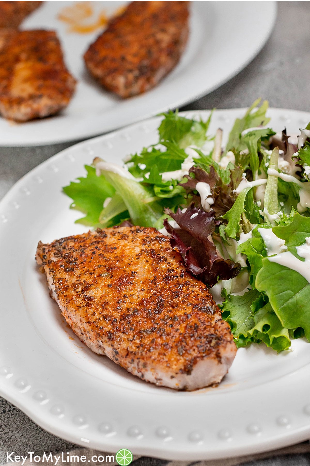 A close up image of a juicy thin pork chop served on a white plate.