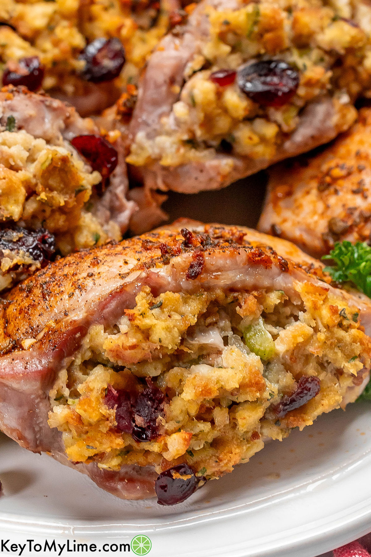 A close up image of a juicy pork chop with stuffing overflowing out.