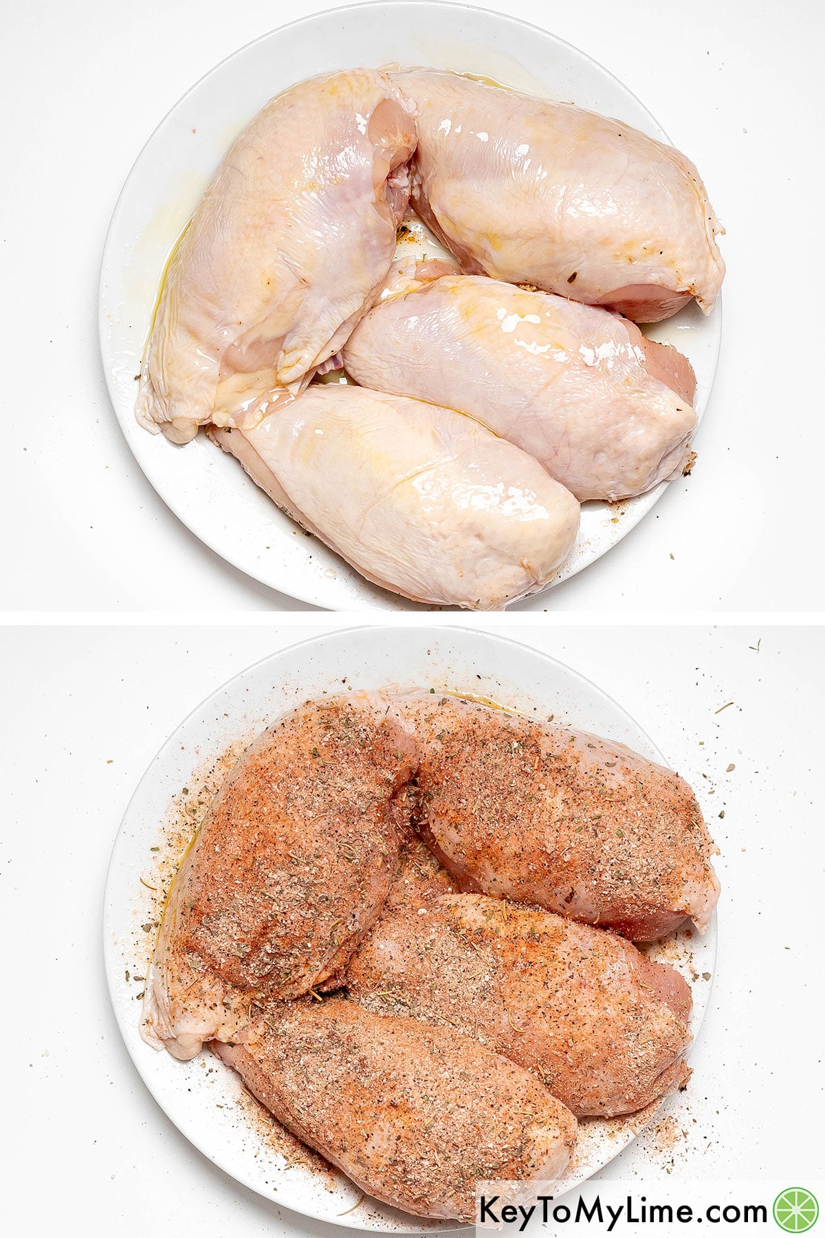 Coating the chicken breast in olive oil, and then applying the spice mixture to both sides.