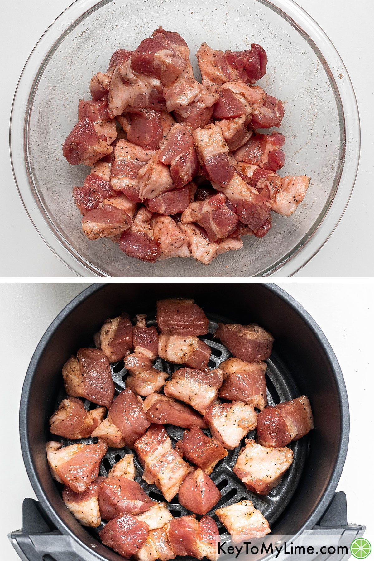 Coating the pork belly with seasonings and oil, and then placing half in the air fryer basket.