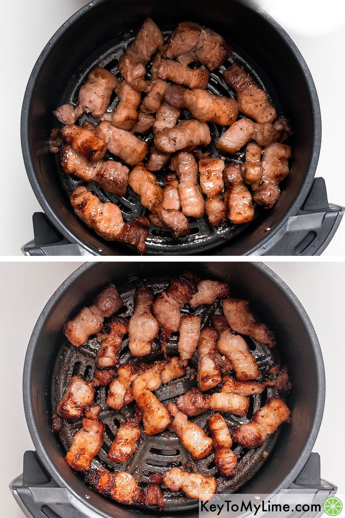 Shaking the pork belly half way through cooking in the air fryer.