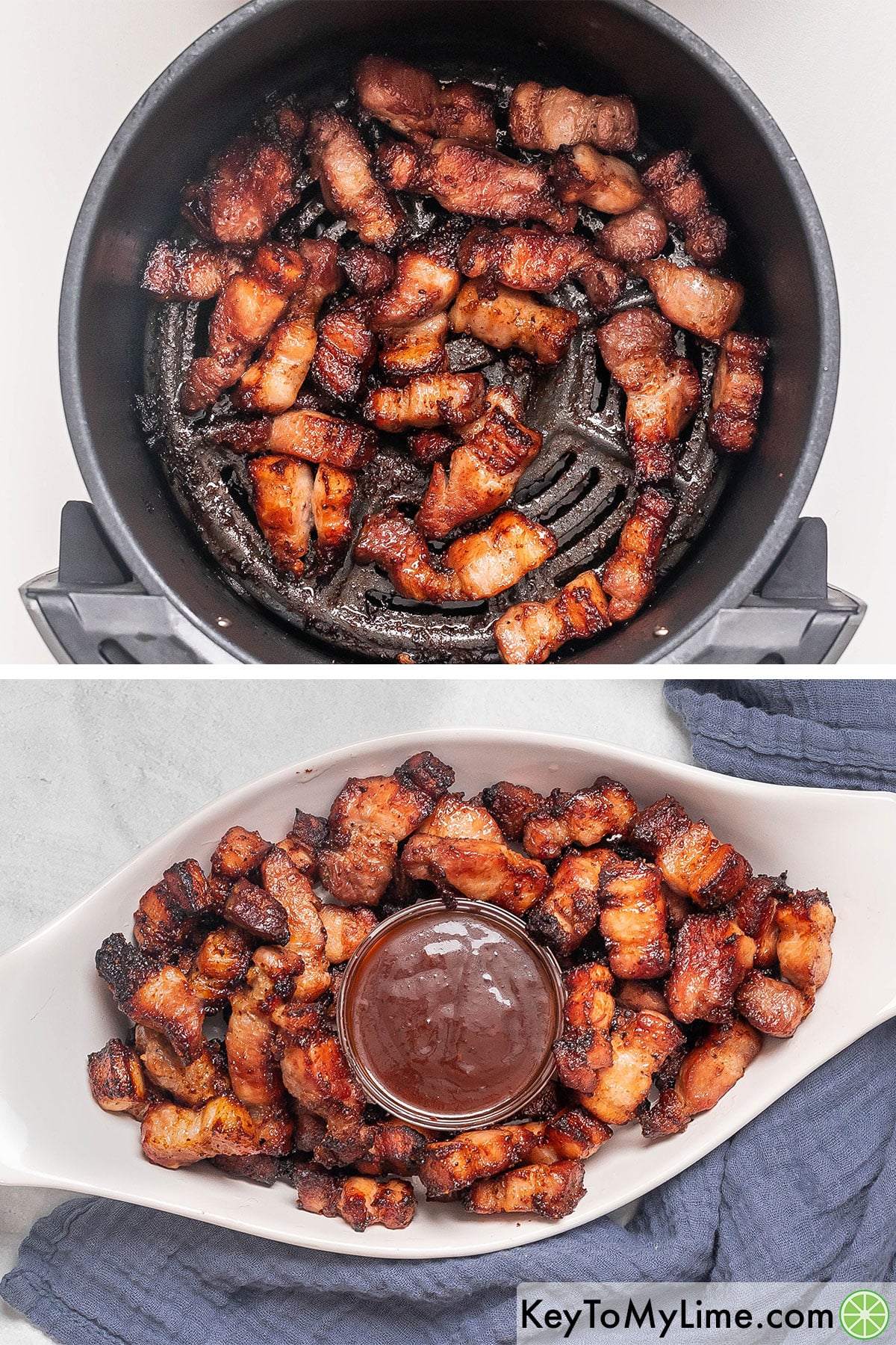 Transferring the pork belly bites to a serving dish once finished cooking.