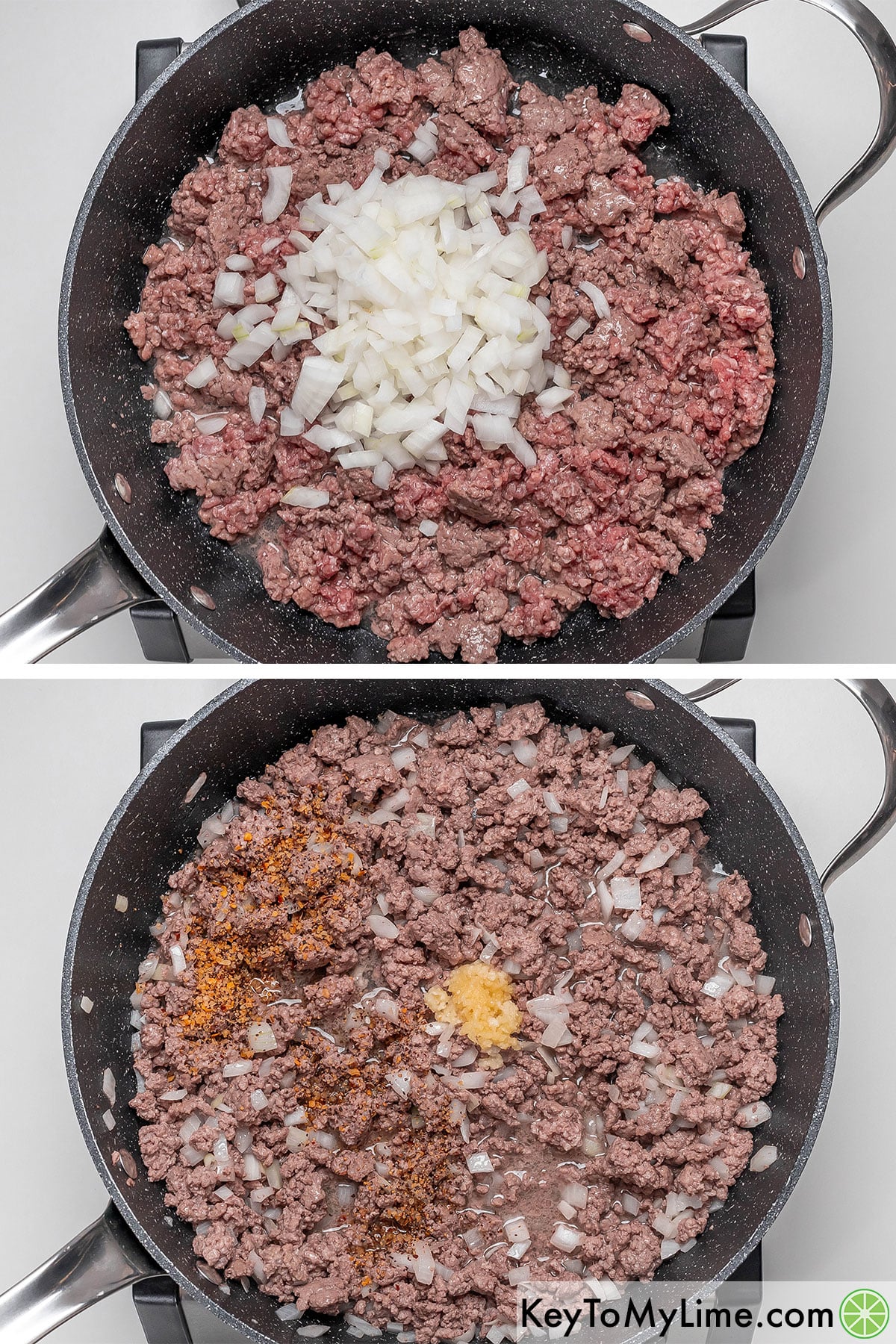 Cooking the ground beef halfway, and then cooking onions and adding garlic and steak steak seasoning once onions are soft.