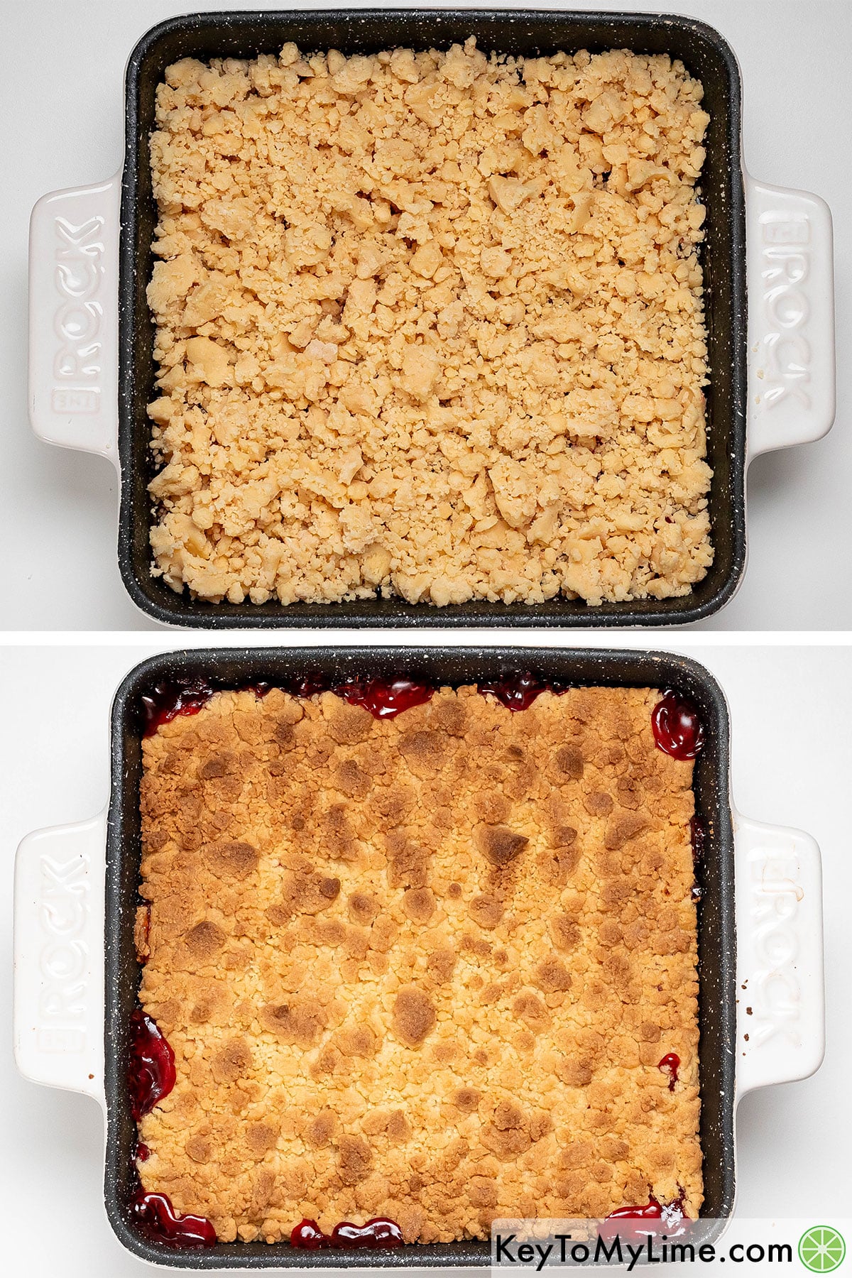 Crumbling dough over the cherry pie filling, and then baking in the oven until golden brown.