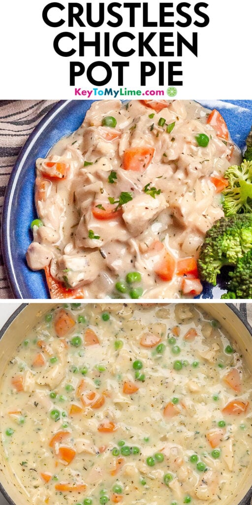 A Pinterest pin image with a picture of crustless chicken pot pie with title text at the top.
