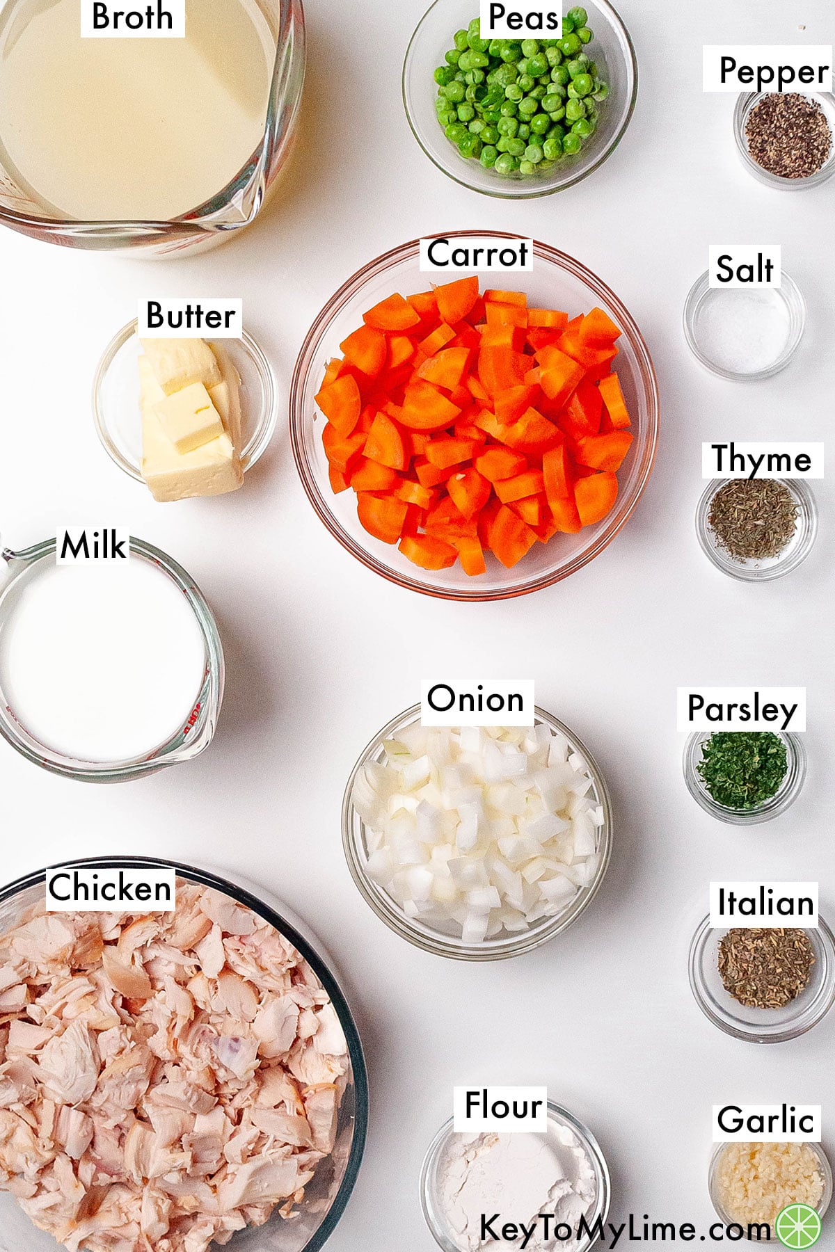 The labeled ingredients for crustless chicken pot pie.