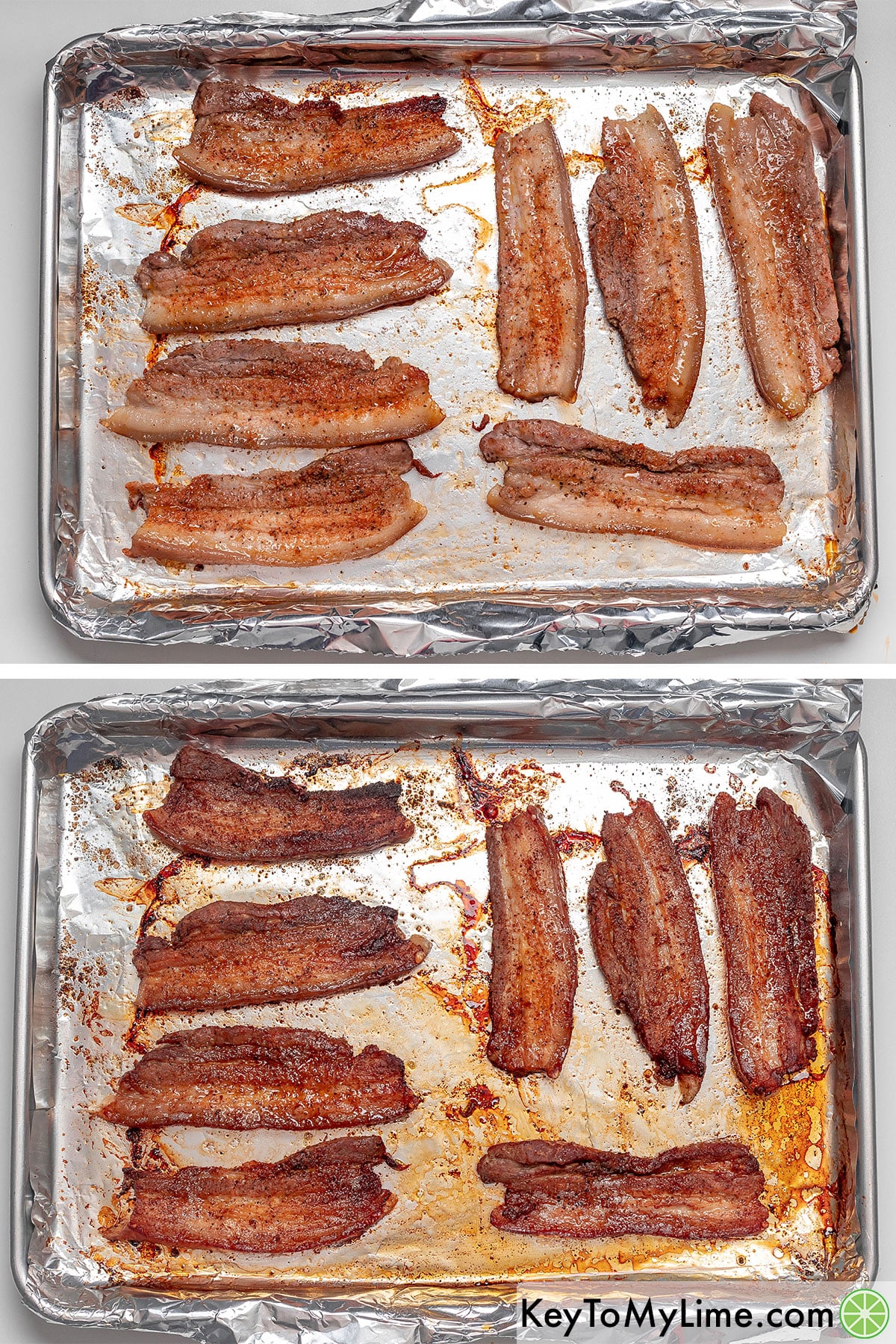 Draining the grease halfway through cooking, and then broiling once cooked.